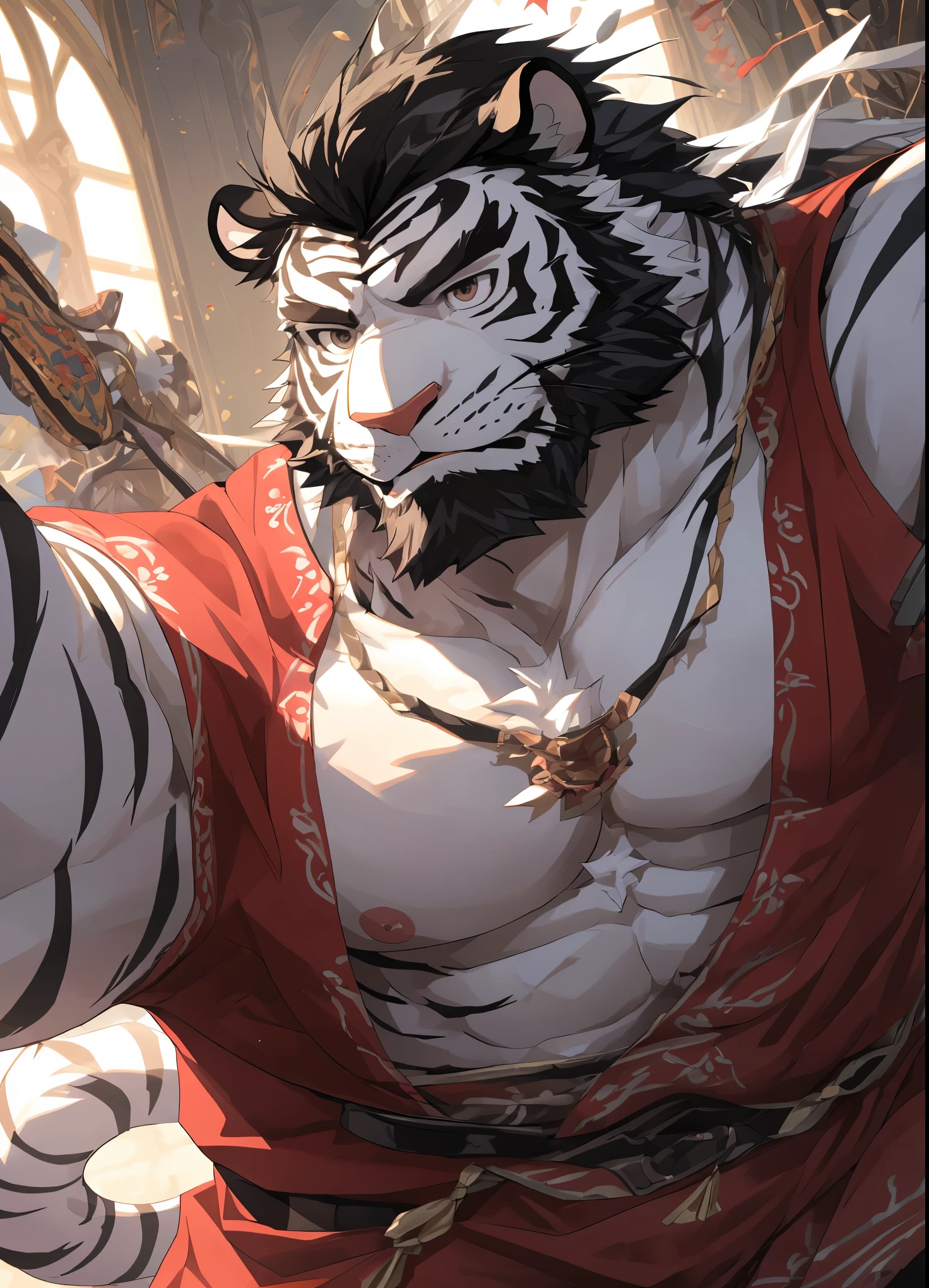 human nature((dramatic))epic, dynamic poses, dynamic angle, a scene in, Extreme perspective and powerful composition, ridiculous, (super detailed), sharp focus, Genji, Eye, black Eye, hairy, white fur, Black and white fur, Blackbeard, black hair,human nature (White Tiger), male, middle aged, white body, white belly, muscular, super detailed face, (delicate Eye), 1 boy, in the house,Hands holding Spring Festival couplets(1.6),red clothes,(disheveled 1.4),(1.2)motion blur, (best quality), (masterpiece), high detail, high quality, Award-winning, high resolution, HD, 16k, Yes, (close up:1.5)