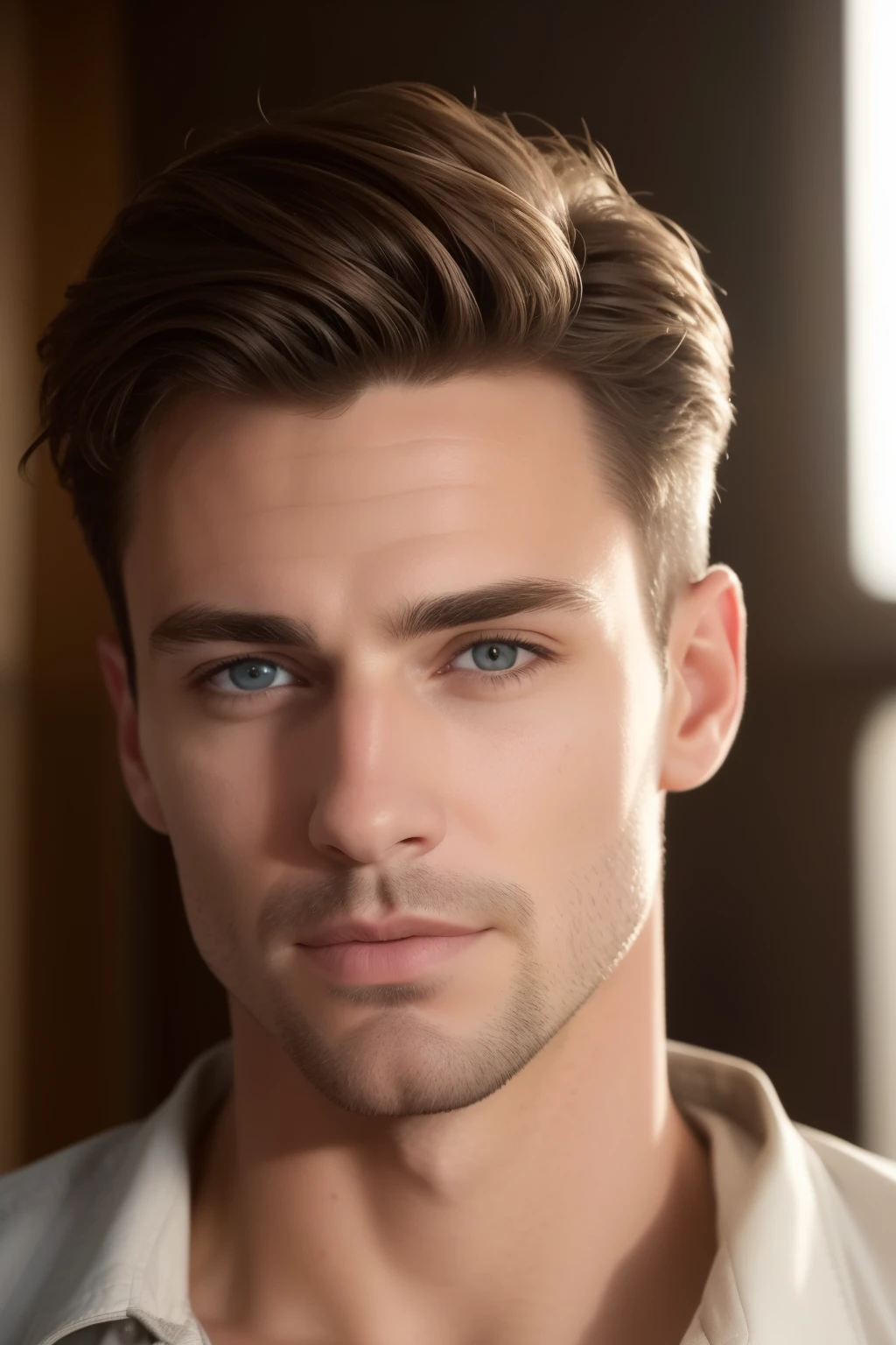 A selfie photograph of a man with hazel green eyes and brown hair, captured in exquisite detail in an 8k realistic hyperrealistic image. The European background showcases intricate architecture and cinematic lighting, enhancing the masterpiece-like quality of the snapshot. The man's expression radiates confidence, his gaze meeting the viewer's with a captivating intensity. The hyperrealism brings the texture of his facial features to life, highlighting every detail from the stubble on his jawline to the pores on his skin. The lighting bathes his face in a warm, inviting glow, making every pore, wrinkle, and hair strand visible yet beautiful. This self