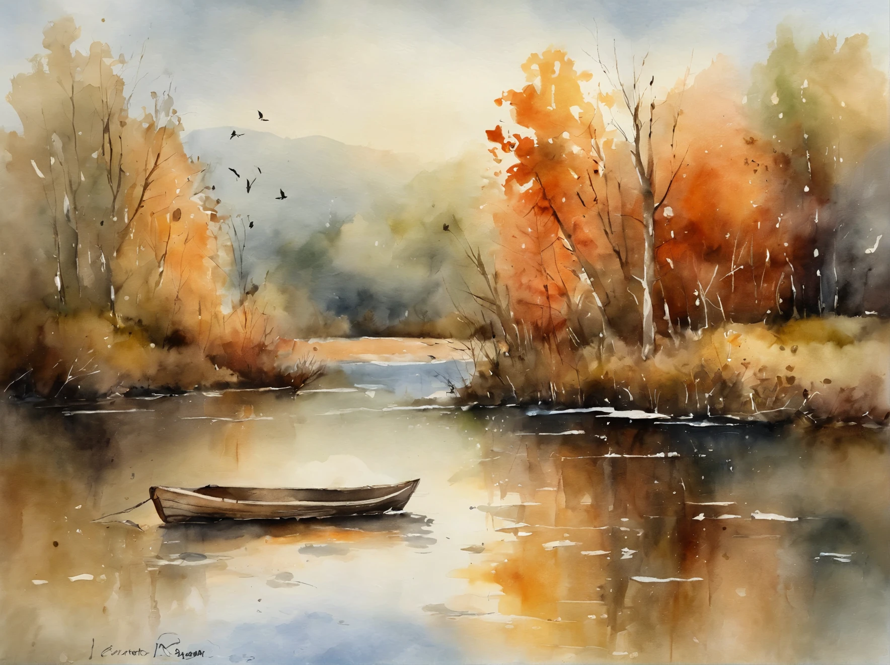 Painting of a river with trees and birds in the background, altes Ruderboot aus Holz auf dem Wasser. Herbstliche Ruhe, von Eugeniusz Zak, Aquarelllandschaft, ruhige Szene, von Eszter Mattioni, Ruhige Szene, Aquarellkunst, von Ilya Ostroukhov, Aquarell, friedliche Szene, Aquarell painting, friedliche Landschaft, Aquarellfarbene Malerei, in einer ruhigen Landschaft