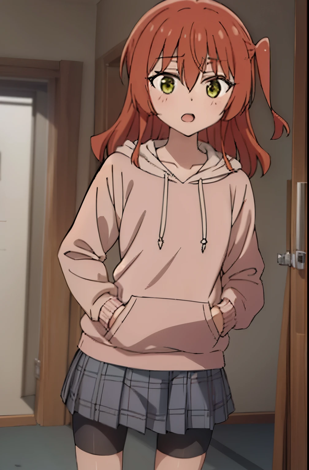 1 girl, hdr, ikuyo kita, red hair, one side up, long hair, green eyes, hoodie, pink hoodie, long sleeves, grey skirt, plaid skirt, bike shorts, black bike shorts, standing, open mouth, looking at viewers, plaid, room, solo,