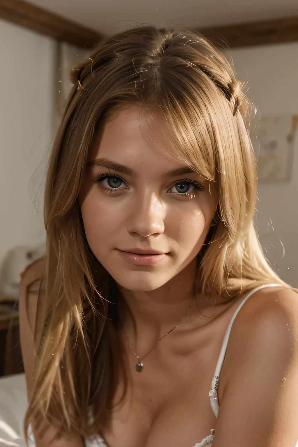 best quality, Instagram-Influencer, blondine weiblich 20yo, depth of field, in a bed, in die Kamera schauen