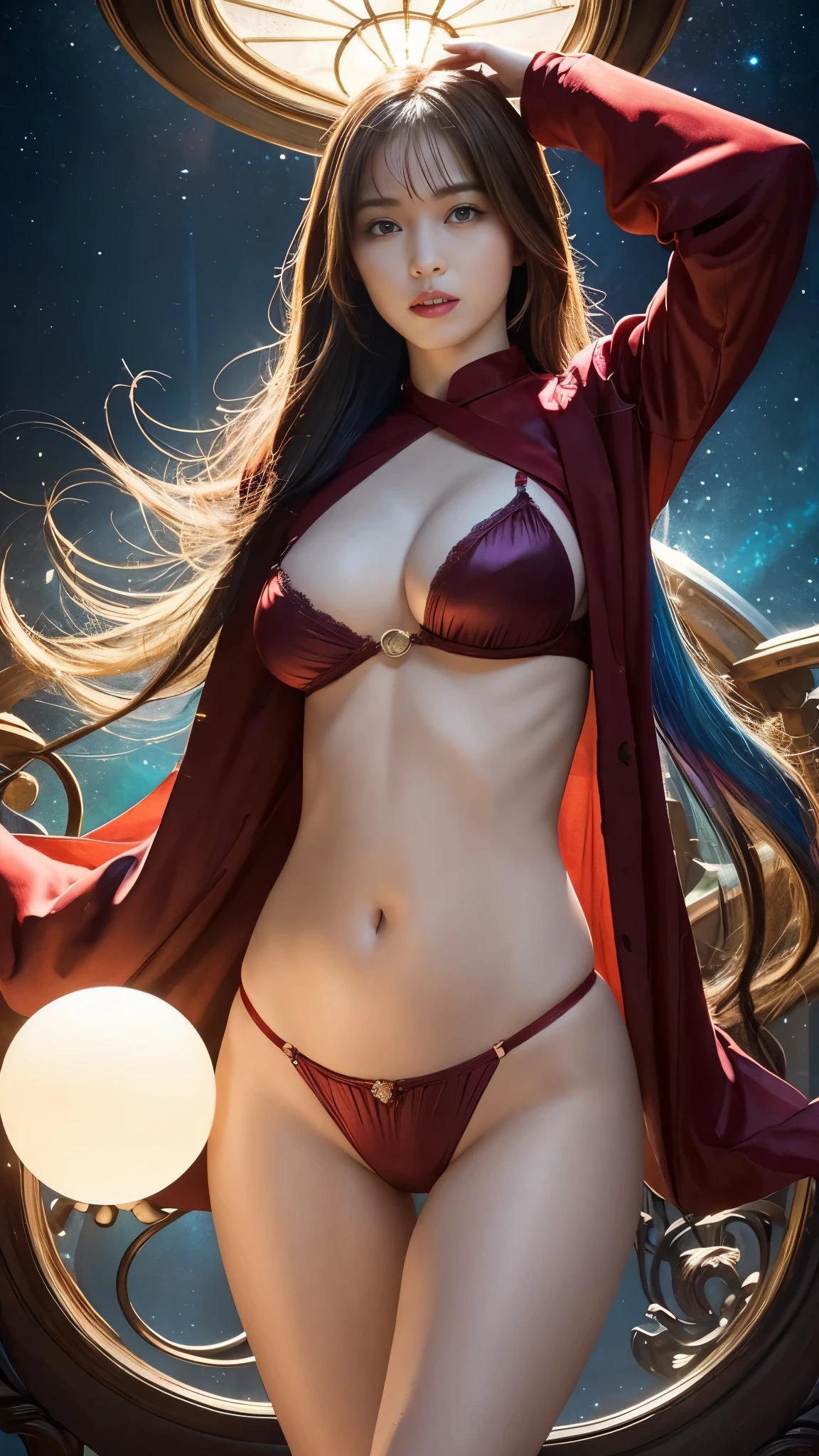 Masterpiece, best quality, 1girl, with long flowing iridescent hair in shades of red, purple, blue, and green, wearing a sleek crimson red string lingerie together with crotch-less G-string outfits, standing in a dramatic pose with one hand on her hip and the other holding a glowing, magical crystal ball. In the background, a swirling vortex of light and energy adds to the mysterious and enchanting atmosphere of the scene. glow hair, multicolor hair