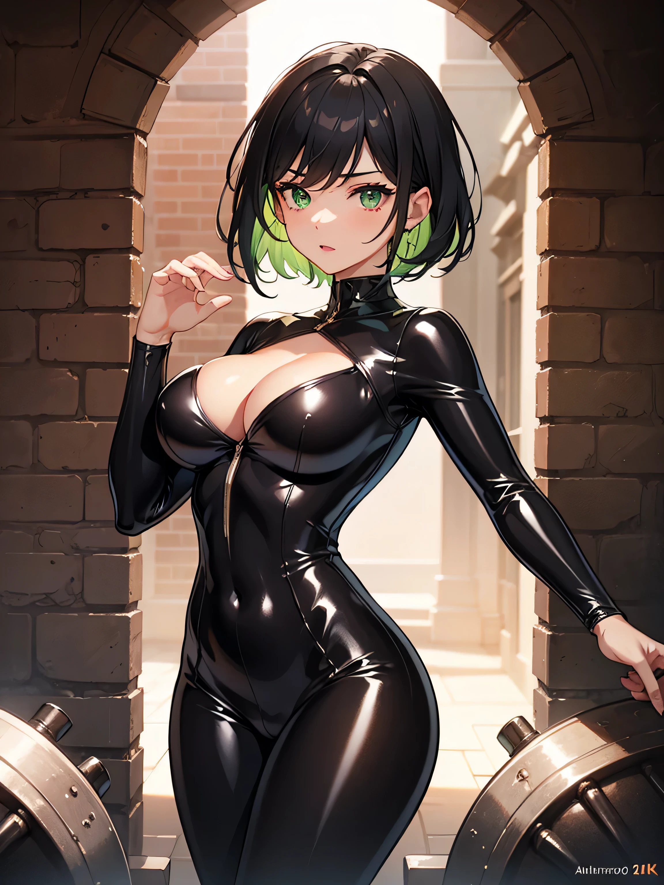 ((black hair)), dynamic pose, 1girl, green highlights, short hair, latex bodysuit, exposed navel, dungeon, dimly lit, exposed brick, best quality, 4K wallpaper, masterpiece, extremely detailed CG unity 8k wallpaper, extremely detailed eyes, dynamic pose, ultra-detailed, intricate details, masterpiece, skindentation, expressive eyes, perfect face, soft pink lips, large detailed green eyes, sexual stare, large breasts, cleavage, thick thighs,