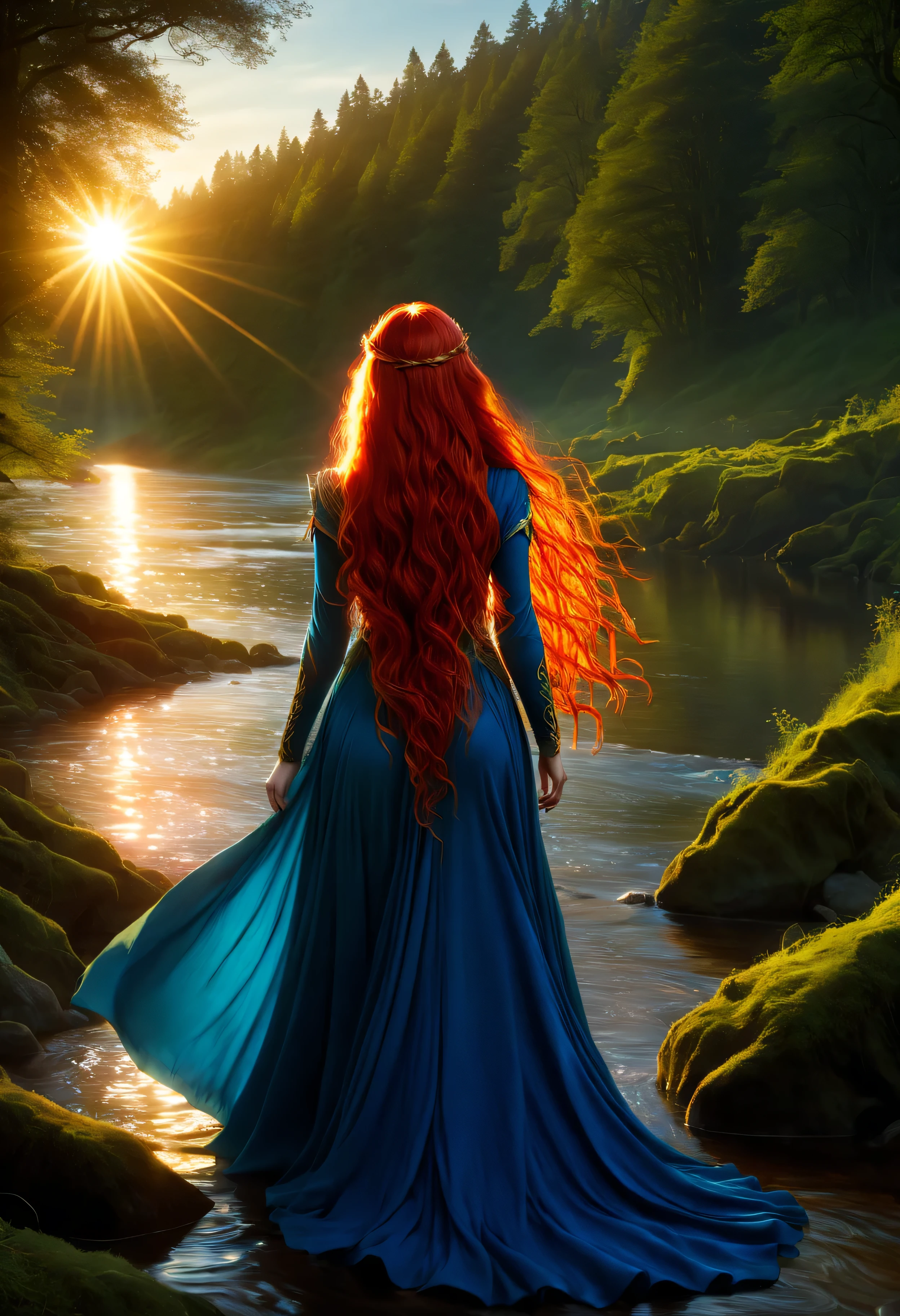 MULHER ELFA DE TOLKIEN , ENORME CABELO VERMELHO LONGO, vestido azul, Forrest, rio, sunset, luz de fundo, obra de arte