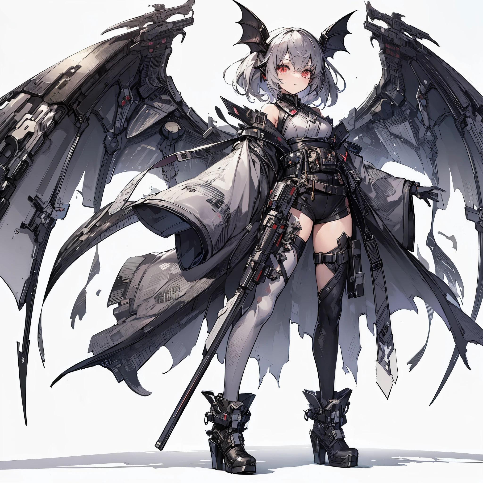 (masterpiece, Best Quality), (Perfect athlete body:1.2), (detailed hairs), Ultra-detailed, Anime style, Full body, Solo, Cyberpunk bat girl, in cyber kimono, large wings, bat ears, white hair and brown skin, raised boots, standing in the wasteland, high-heeled boots, 8k high resolution, white background, whole body,
