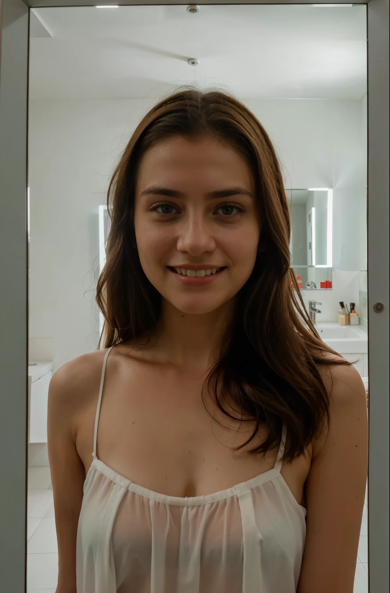 Raw photo OnePlus Nord girl watching in one horror mirror, outside girl beutiful girl with realistic face but ,under the mirror girl showing creepy smile 8k resolution High quality picture, 