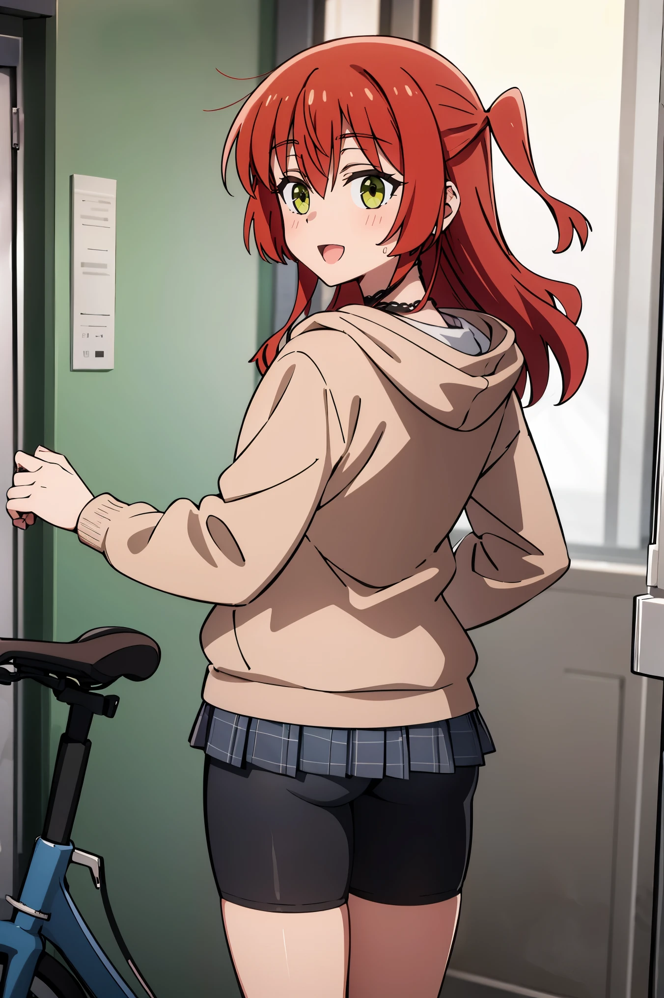 1 girl, hdr, ikuyo kita, red hair, one side up, long hair, green eyes, hoodie, pink hoodie, long sleeves, grey skirt, plaid skirt, bike shorts, black bike shorts, standing, open mouth, looking at viewers, plaid, room, solo, from behind, looking back,