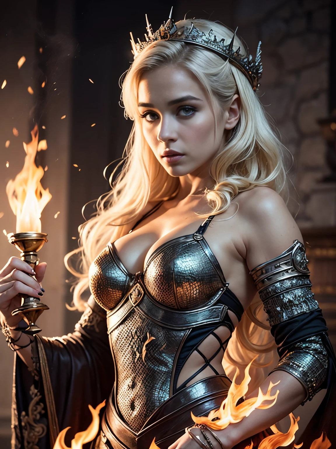 best quality,4k,8k,highres,masterpiece:1.2,ultra-detailed,realistic:1.37,Daenerys Targaryen, beautiful detailed eyes,beautiful detailed lips,extremely detailed eyes and face,longeyelashes,dragon queen,blond hair,piercing blue eyes,queen's gown,confident expression,regal posture,dramatic lighting,fire-breathing dragon,creative portrait,emotional portrait,vivid colors,Game of Thrones fan art,medieval fantasy,stylized artwork,smoke and fire effects,dragons flying in the background,throne room setting,fiery atmosphere,powerful and majestic,A Song of and Fire,large scale mural,rich textures,depth and dimension,ethereal and captivating scene, sexy, alluring