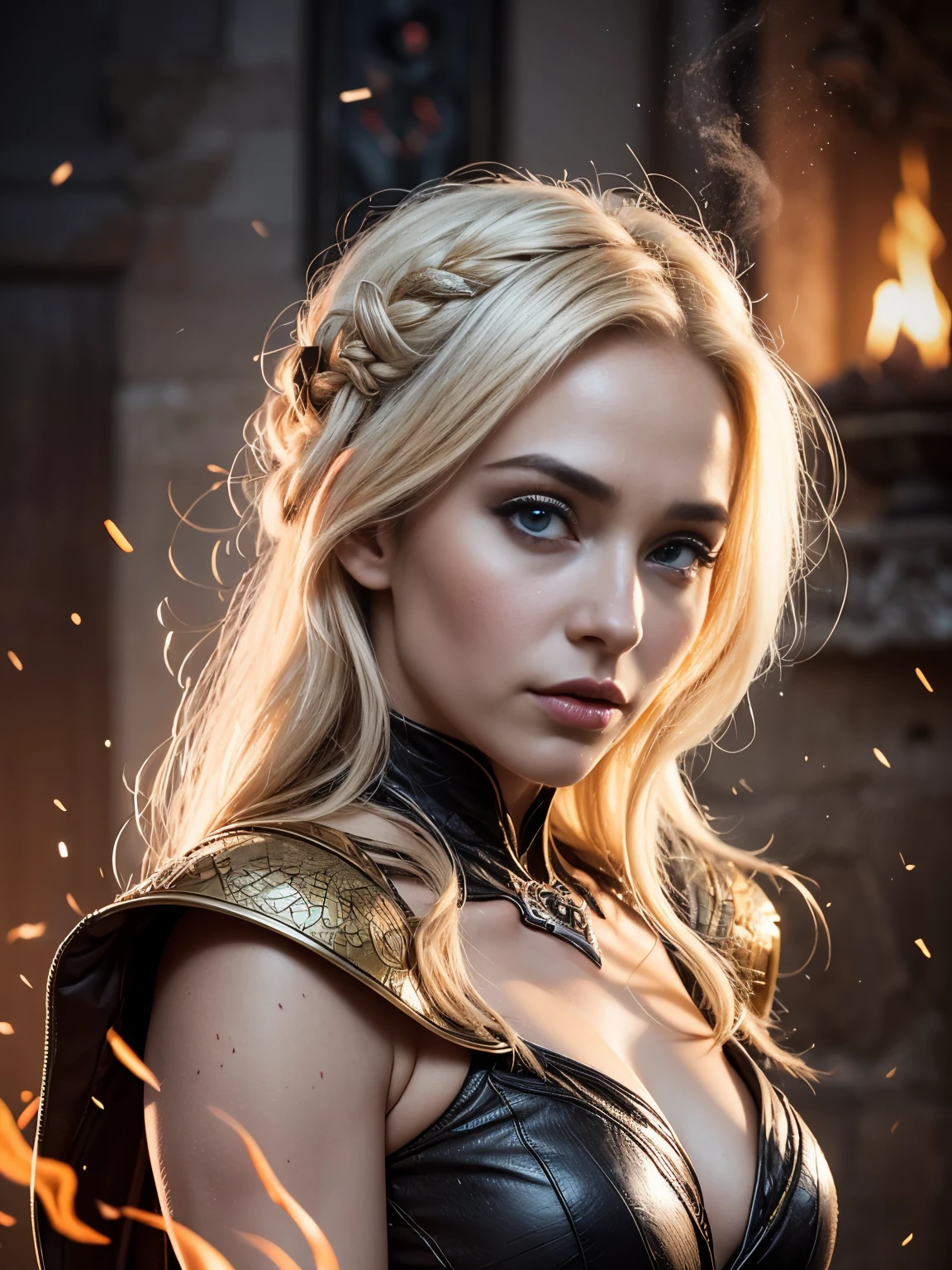 best quality,4k,8k,highres,masterpiece:1.2,ultra-detailed,realistic:1.37,Daenerys Targaryen, beautiful detailed eyes,beautiful detailed lips,extremely detailed eyes and face,longeyelashes,dragon queen,blond hair,piercing blue eyes,queen's gown,confident expression,regal posture,dramatic lighting,fire-breathing dragon,creative portrait,emotional portrait,vivid colors,Game of Thrones fan art,medieval fantasy,stylized artwork,smoke and fire effects,dragons flying in the background,throne room setting,fiery atmosphere,powerful and majestic,A Song of and Fire,large scale mural,rich textures,depth and dimension,ethereal and captivating scene, sexy, alluring