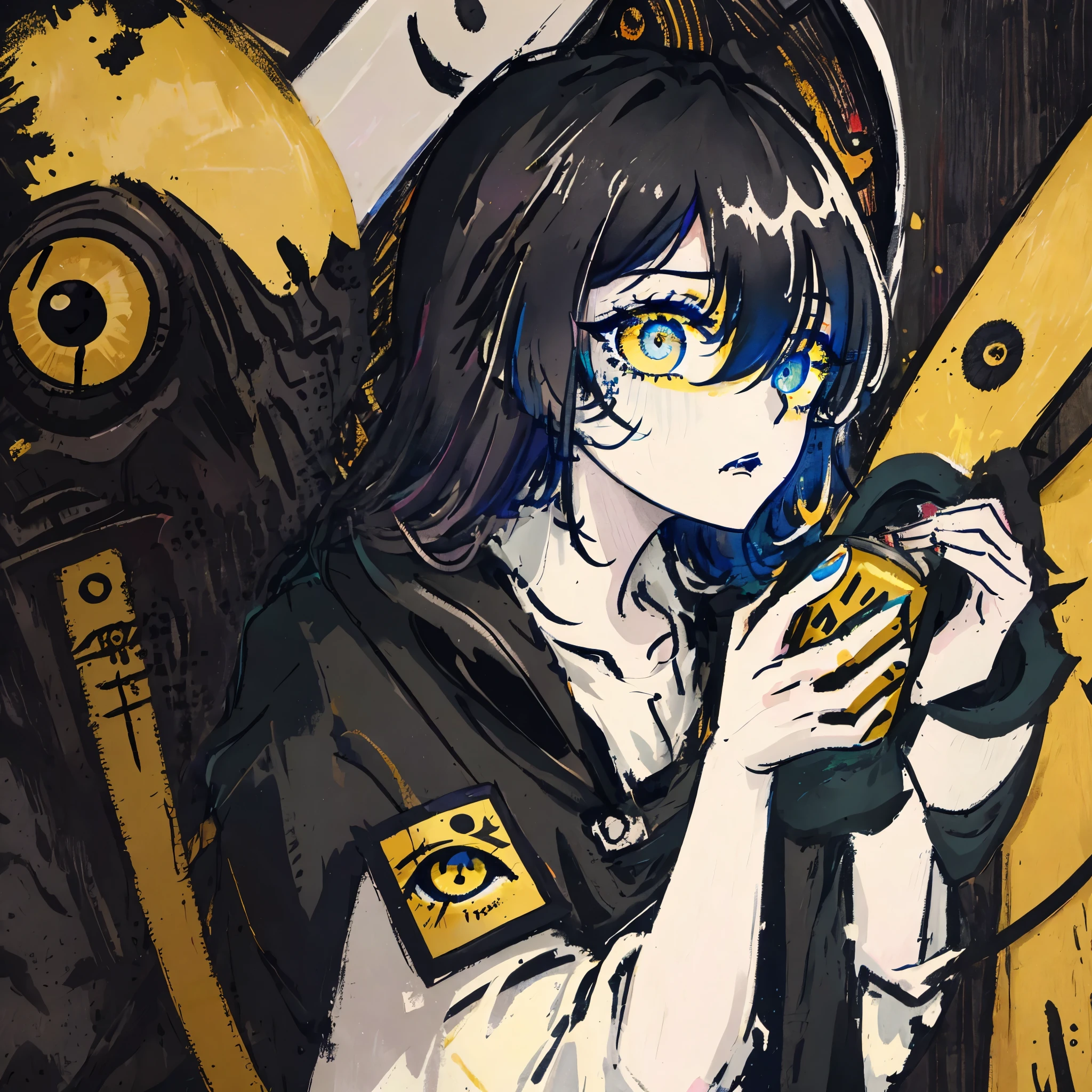 Dark, a cultist, camera focused on profile, close on face, close on a eye, black details, little color, scary eyes, super detailed, hyper realistic eye details, pencil drawn, watercolor drawing, canvas drawing, close on her eye, she is so much scary,yellow eye, blue eye, holding a can