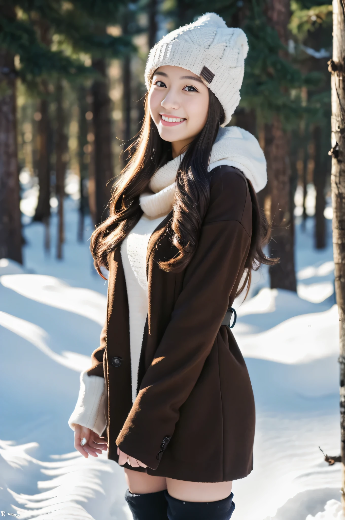 (main part:1.5, Best quality:1.2) 20 year old girl, asian girl, smiling, attractive girl walking in a winter forest, full height, wear a cozy hat., (tits:1:1), (wide hips:1:1), Snow is falling, long legs, A good woman, beautiful filipino woman, Black hair without bangs, Wavy hair, style of Yulia Razumova, gorgeous woman, in style of kyrill kotashev, cutie, Stunning woman, attractive girl, Gorgeous lady, gorgeous young model, beautiful woman,