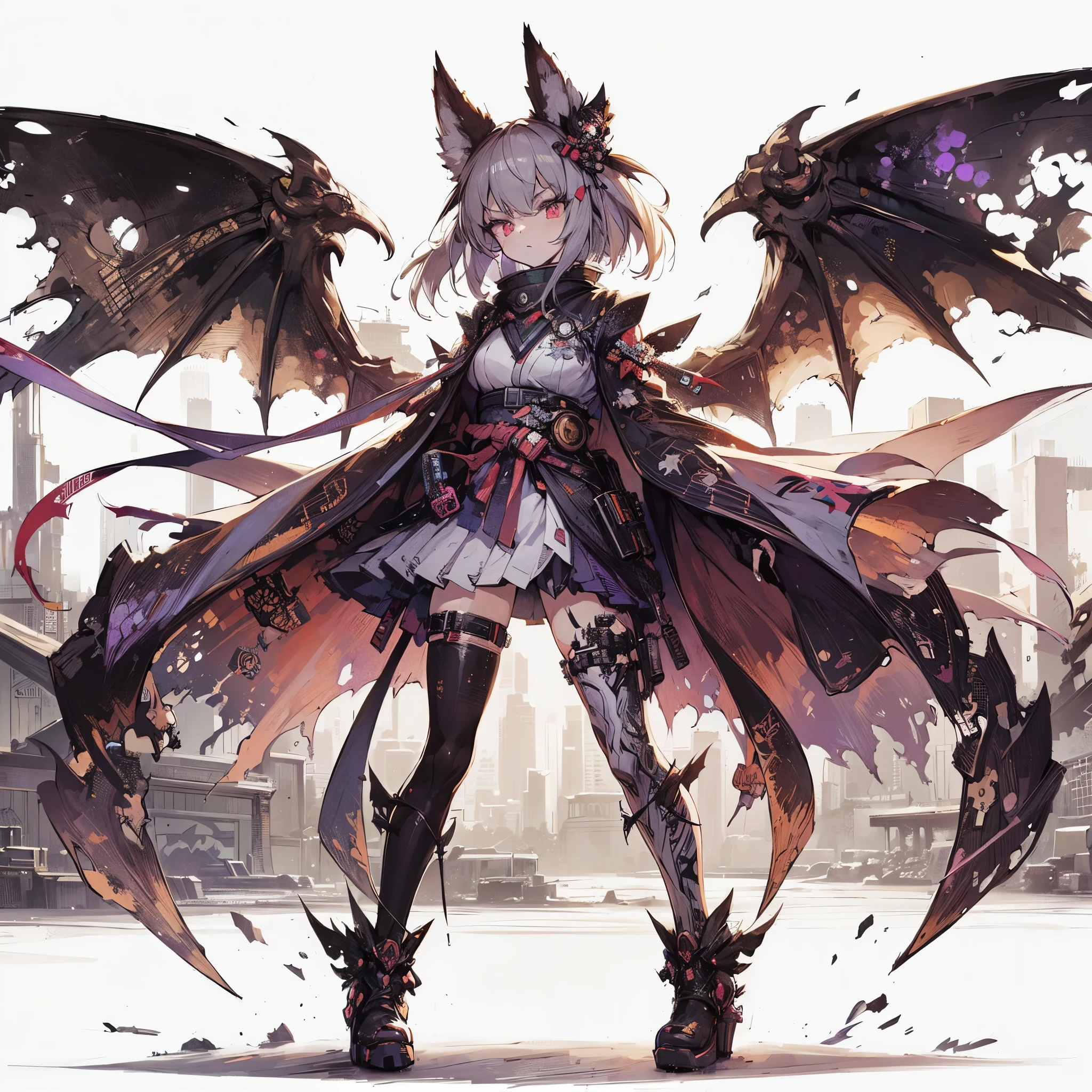 (masterpiece, Best Quality), (Perfect athlete body:1.2), (detailed hairs), Ultra-detailed, Anime style, Full body, Solo, Cyberpunk bat girl, in cyber kimono, large wings, bat ears, white hair and brown skin, raised boots, standing in the wasteland, high-heeled boots, 8k high resolution, white background, whole body,
