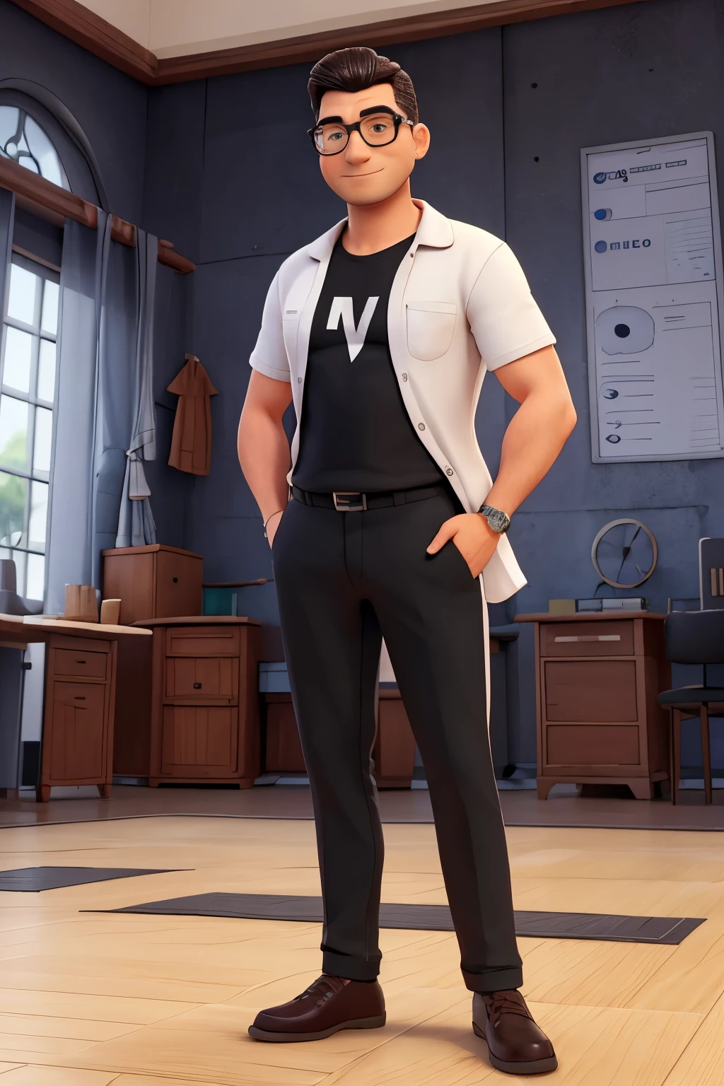 Homem branco, pesando 100kg e com 1.77 de altura, owner of a mechanical workshop, crossing arms, nariz largo, olhos grandes e boca grande, wears prescription glasses with a thin frame, wearing black t-shirt and black pants, cabelo curto e crespo, crossing arms