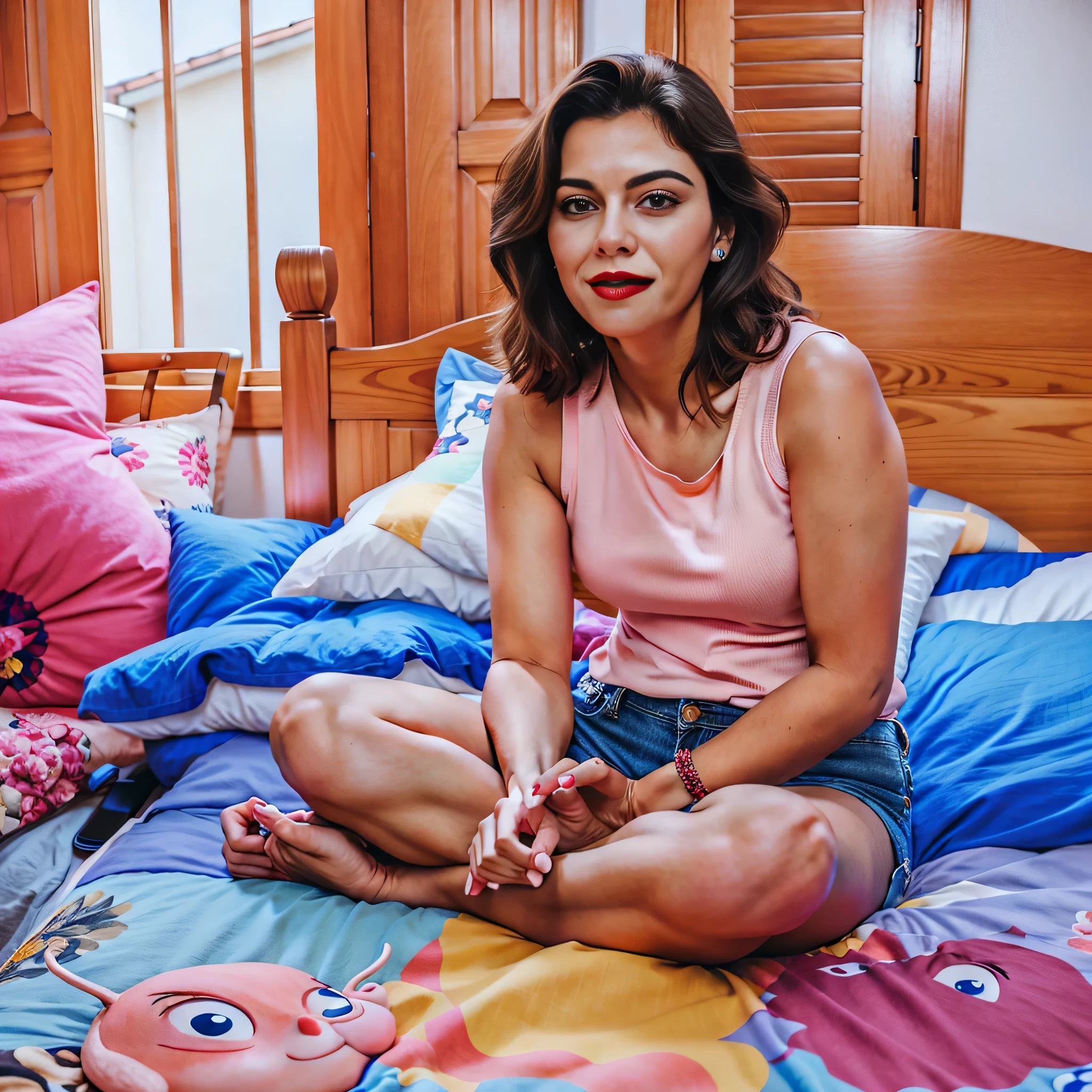 There's a woman sitting on a bed in a pink shirt, shorts jeans, posing em uma sala, sentado na cama, sentado na cama, someone at home senta-se na cama, senta-se na cama, senta no quarto dela, em uma sala. Uma mulher com pele branca e cabelos escuros. ela tem cerca de 35 anos. your lips are slightly plump, your eyes are dark brown. Corpo fino, cintura fina. Altamente realista, Lindo, slightly full lips, batom cor de rosa, sorridente, hiperrealismo, pele muito elaborada. foto de corpo inteiro, Limpar foto, alta qualidade, high resolution, obra de arte, 8k.