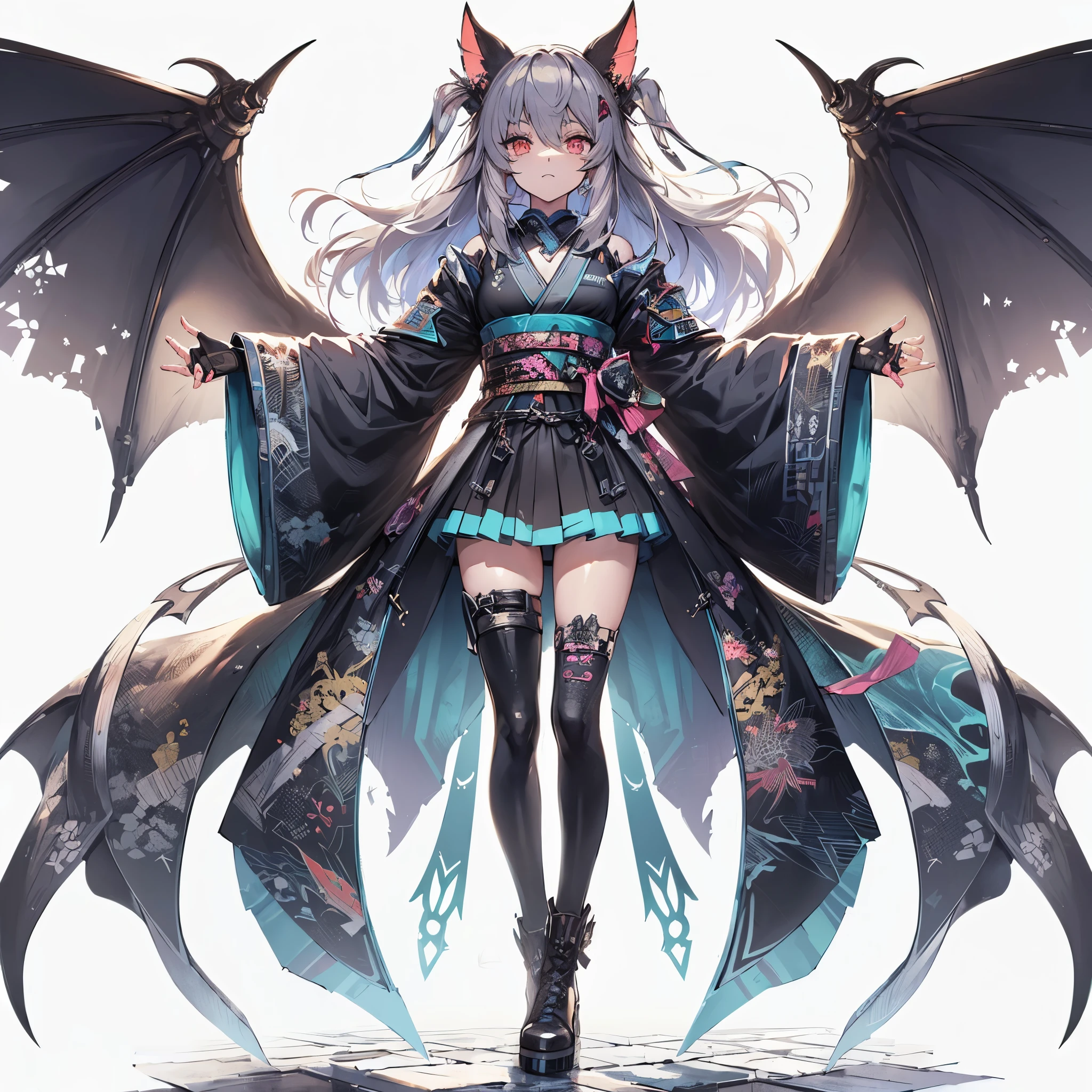 (masterpiece, Best Quality), (Perfect athlete body:1.2), (detailed hairs), Ultra-detailed, Anime style, Full body, Solo, Cyberpunk bat girl, in cyber kimono, large wings, bat ears, white hair and brown skin, raised boots, standing in the wasteland, high-heeled boots, 8k high resolution, white background, whole body,
