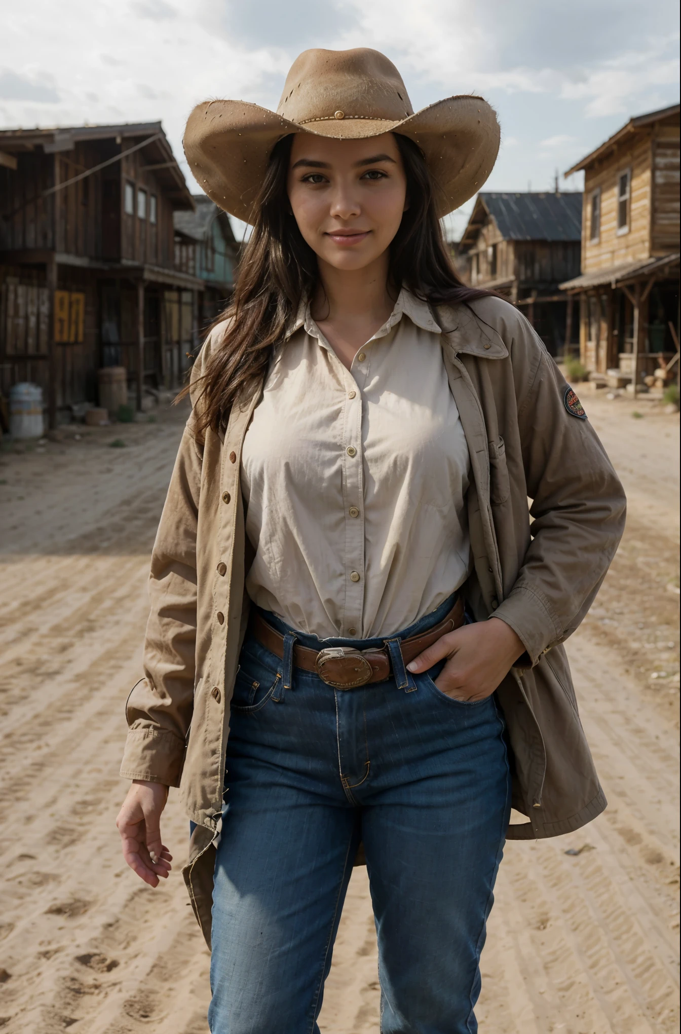 Foto hiperrealista en primer plano de Emily Sears, masterpiece, best quality, (photorealistic:1.4), (cowboy outfit, jacket over shirt, dirty pants, cowboy hat) Create dystopian masterpieces. Western theme, dusty atmosphere, wooden buildings, a setting sun casting long shadows, aged and worn costumes, anticipation in the air, intense standoff, empty street, deserted town, beautiful woman, skinny, average breasts,black hair, detailed face, smile, facing the camera, photo taken from a distance, age of 24 years old,