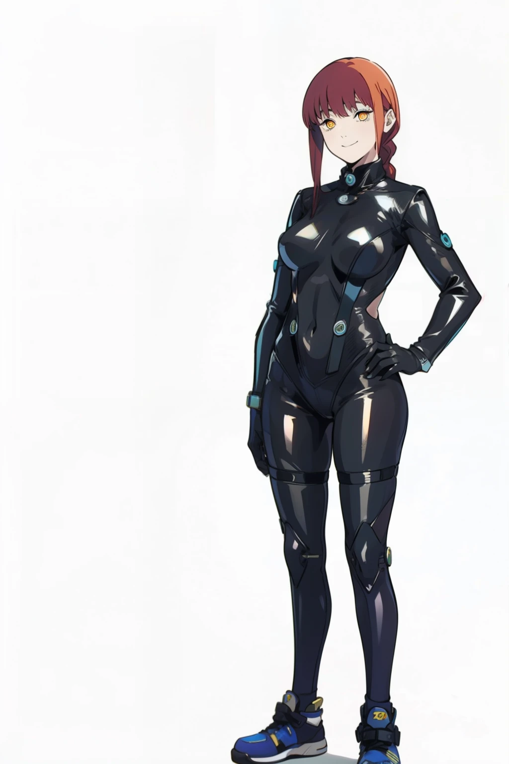 makima csm, yellow spiral eyes, red hair in braid, beautiful face, smile 