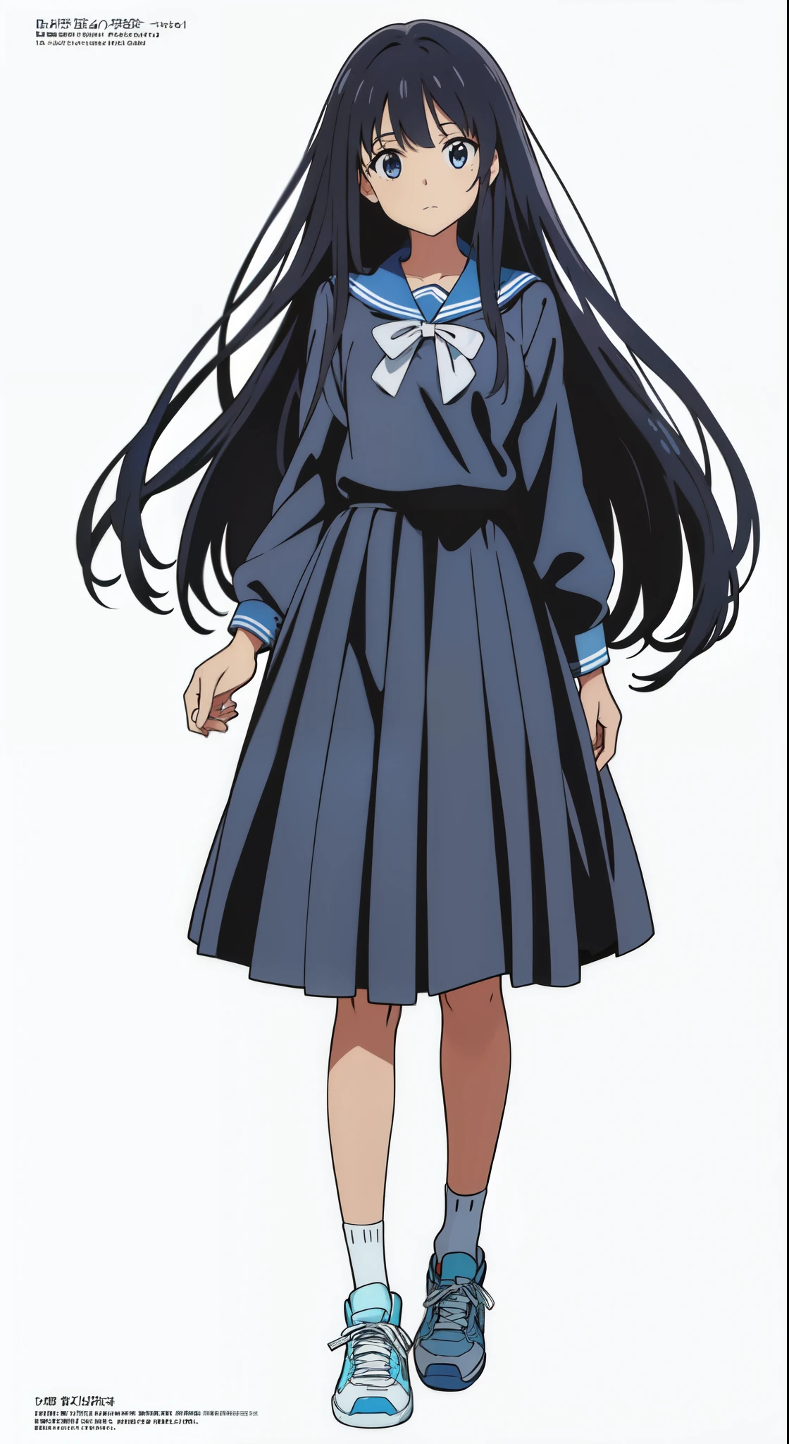 (white background:1.0), (best quality:1.0), (masterpiece:1.0), (super fine illustration:1.0), (beautiful artwork:1.0), (anime screencap:1.0), (official art:1.0), (full body:1.0), (solo:1.0), (a 15yo cute girl:1.0), (long skirt:1.0), (dark blue skirt:1.0), (pleated skirt:1.0), (dark blue sailor uniform:1.0), (long sleeve sailor uniform:1.0), (sneakers:1.0), (white socks:1.0), (ideal ratio body proportions:1.0), (lanky:1.0), (tall:1.0), (slender:1.0), (small breasts:1.0), (smaller face:1.0), (tareme:1.0), (detailed beautiful eyes:1.0), (detailed beautiful face:1.0), (glowing black eyes:1.0), (medium hair:1.0), (black hair:1.0), (standing:1.0), (looking at viewer:1.0)