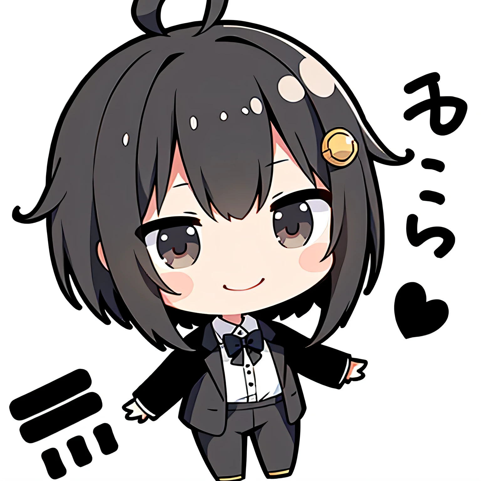 超A high resolution, nffsw, Best aesthetic, Top quality depiction of the foot, with open arms, point to the right, Chibi character Detective Keira Rexanne Giles, her short black hair in disarray, gray eyes, with an Smile, Waving, white Background, her black pants and white shirt simple formal wear, Flat Avatar, Anime visuals of cute girls, Cute art style, Chibi, anime stylized, Shorthair, Ahoge, is shy, A smile, hair adornments, simple background, 耳环, jewely, side locks, large oval eyes,