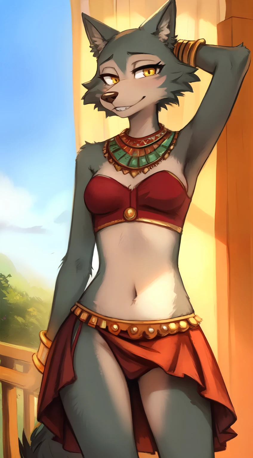 [by fluff-kevlar|Zackary911:0.5], (by Kenket|by Kilinah), Legoshi \(beastars\, Anthro, Female, Solo, standing, Mocking Look, (half-closed eyes), (red samba dancer clothes, dancing samba), (yellow eyes), looking at the viewer, (medium breasts, hips), (wolf), (Brasilian carnival)