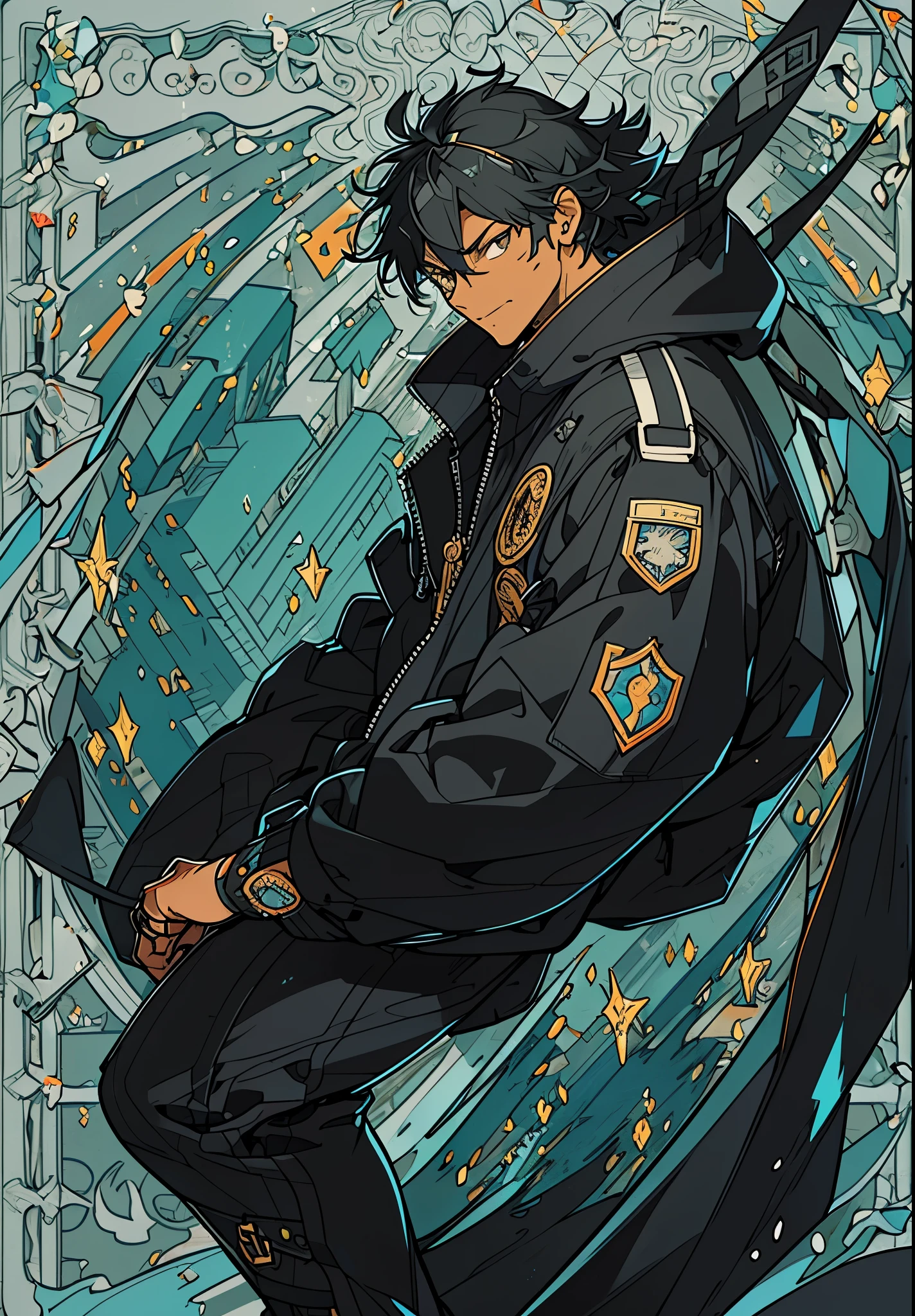 Ultra-detailed，high resolution，Ultra-detailed，Best quality，amazing，quality，intricate details，Extremely detailed CG unified 8k wallpaper，tarot cards，black hair，black skin，Draw a male character，dressed in a black jacket，cyberpunk characters，Cyber Samurai，black eyes，Combat-ready pose，The background is a collapsing city
