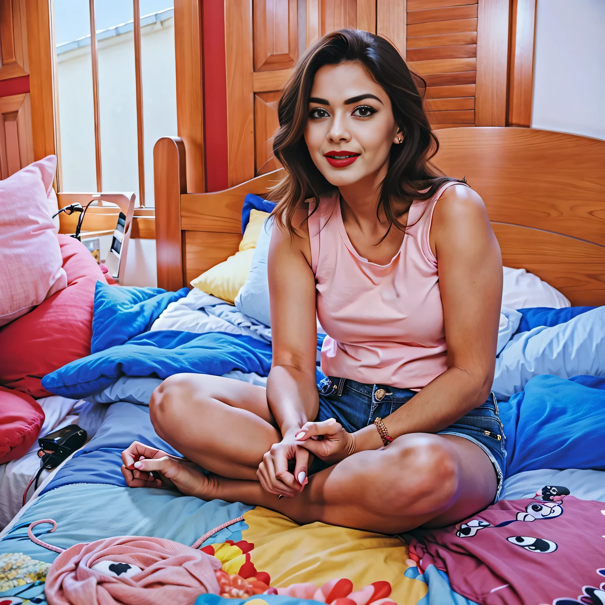There's a woman sitting on a bed in a pink shirt, shorts jeans, posing em uma sala, sentado na cama, sentado na cama, someone at home senta-se na cama, senta-se na cama, senta no quarto dela, em uma sala. Uma mulher com pele branca e cabelos escuros. ela tem cerca de 35 anos. your lips are slightly plump, your eyes are dark brown. Corpo fino, cintura fina. Altamente realista, Lindo, slightly full lips, batom cor de rosa, sorridente, hiperrealismo, pele muito elaborada. foto de corpo inteiro, Limpar foto, alta qualidade, high resolution, obra de arte, 8k.