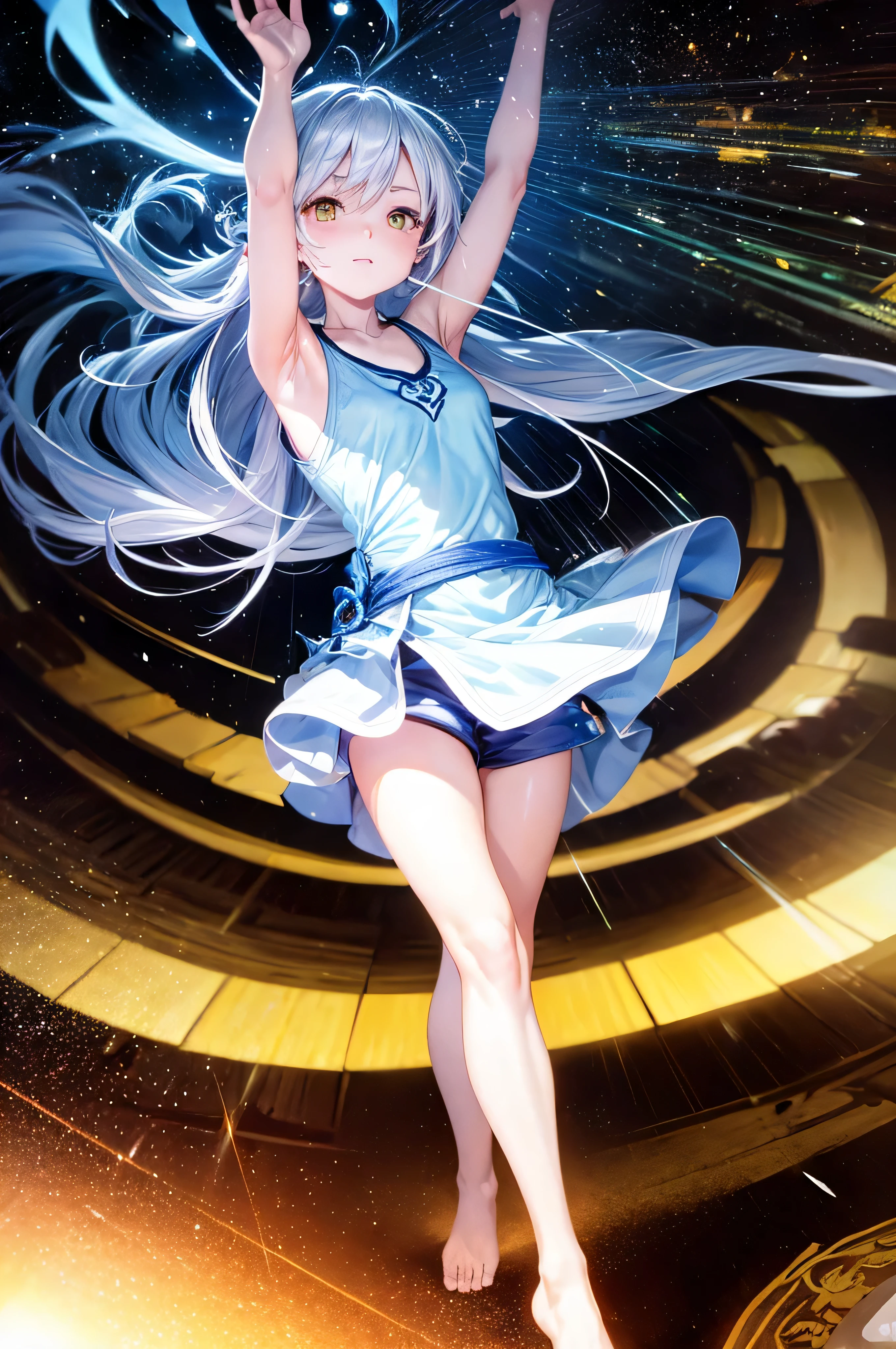 1 girl, tank top, long hair ,white hair, yellow eyes, magic circle, blue light, เปลวblue light, Wallpaper, terrain, depth of field, at night, light particles, light rays, On the side of the road, thigh, luck \(set\), Genshin Impact, ****, , thighสูง, Cloud,shorts, raise your arms, open your hand, and cast light magic.