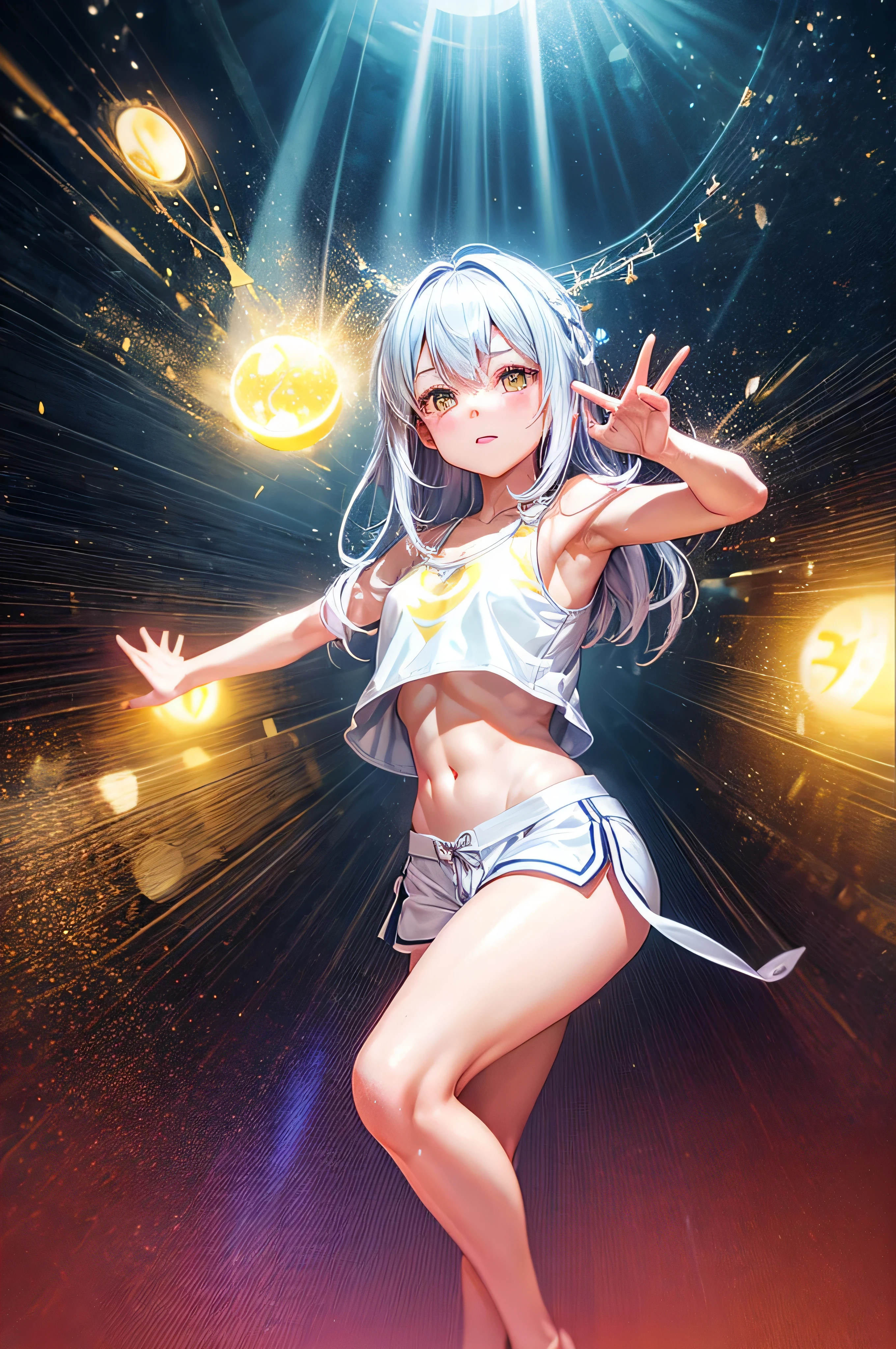 Transparent hair、Golden Eyes、eye glasses、Daughter in her early teens、flat chest、Thin pubic hair、Beautiful open legs、Cheer Dance