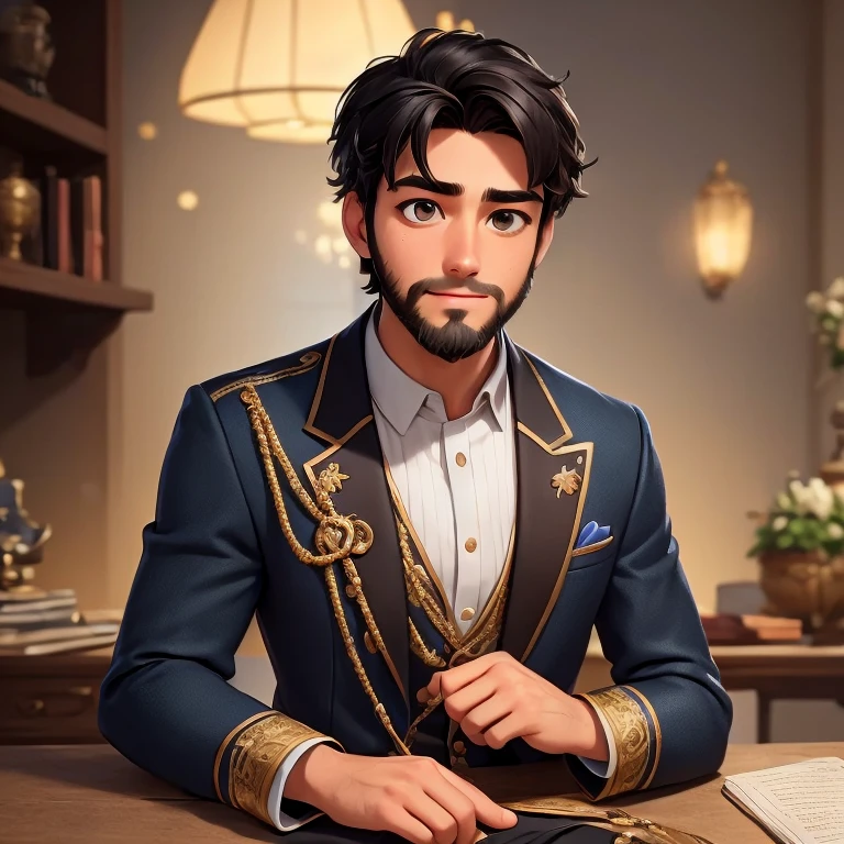 obra maestra,Mejor calidad,rombo,1 16 year old boy with a short goatee beard ,Solo, traje de principe disney, tenencia,enfoque masculino,(cabello ), ojos marron oscuro,tenencia,Boca abierta,terreno para sentarse,Sonrisa,cielo,bosque, 