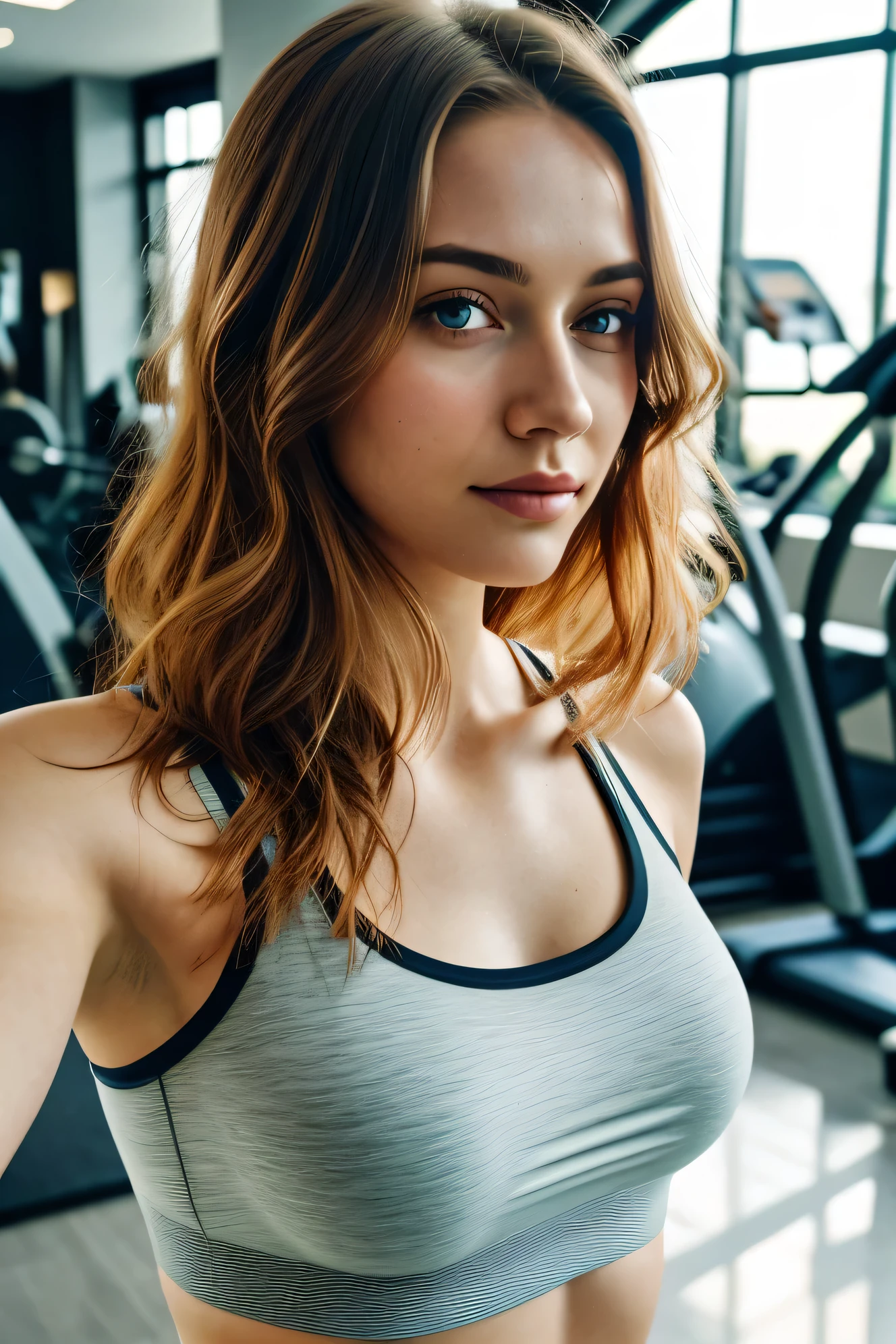 1 garota em, 19 anos, Sozinho, Aesthetic art, Irish, cabelo ruivo ondulado, Hair to the shoulders, olhos cinzentos, olhos cinza claro, pale skin, Um copo, seios pequenos, corpo de corredor, (Pele texturizada, poros da pele:1.1), arrepio, taking a fechar-se selfie photo while at the gym wearing a wet trainingbra, transparent training bra, ((mamilos aparecendo)), nipples visible through training bra, sedutor, foto sexy, , pernas longas, mamilos pequenos, (papel de parede 8K extremamente detalhado), soft lighting, alta qualidade, Film grain, Sharp focus Fujifilm XT3, f5.6, 50mm, alto detalhe, sharp focus,(luz natural), detalhes malucos, detalhes complexos, hiperdetalhado, fechar-se, hidden hands
