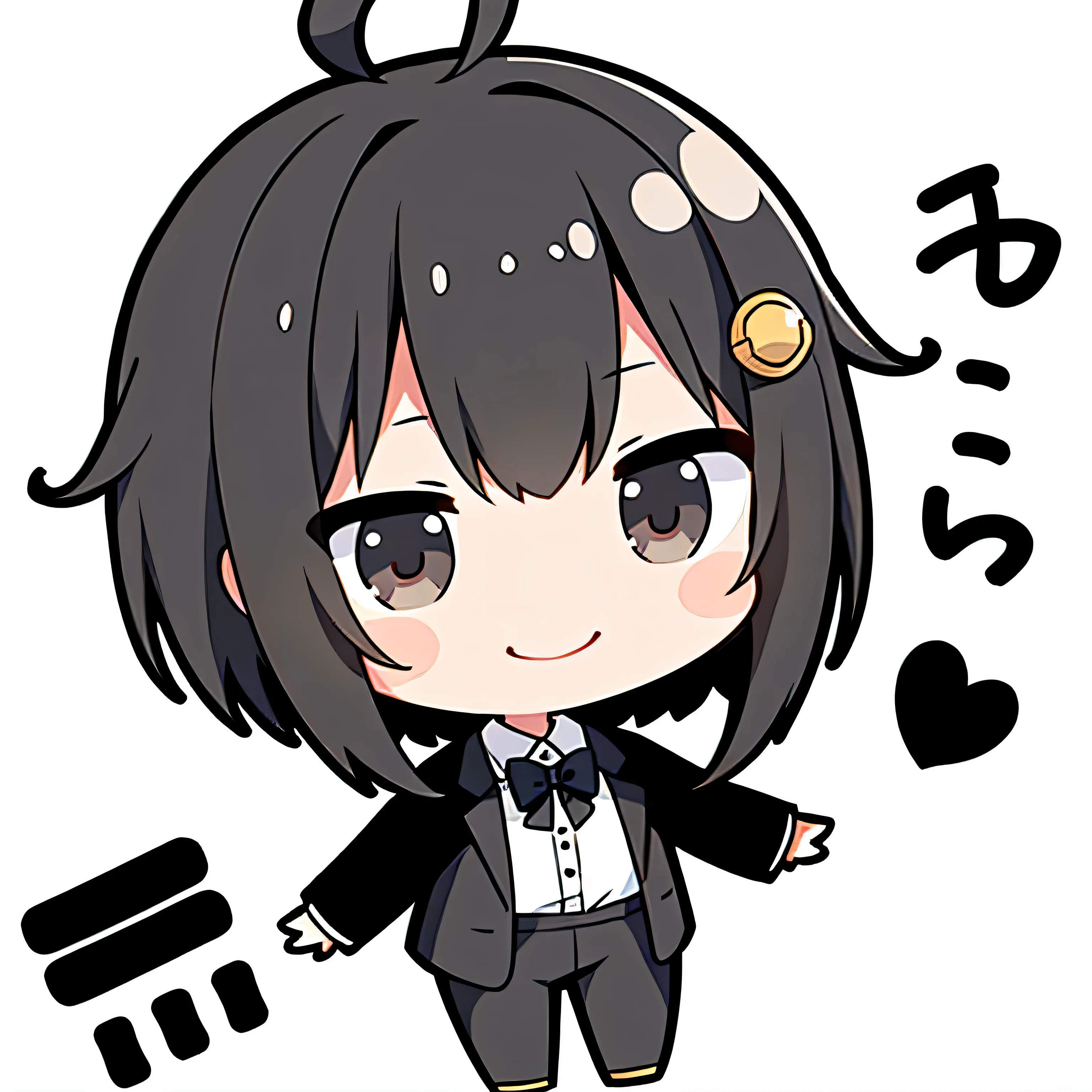 超A high resolution, nffsw, Best aesthetic, Top quality depiction of the foot, with open arms, point to the right, Chibi character Detective Keira Rexanne Giles, her short black hair in disarray, gray eyes, with an Smile, Waving, white Background, her black pants and white shirt simple formal wear, Flat Avatar, Anime visuals of cute girls, Cute art style, Chibi, anime stylized, Shorthair, Ahoge, is shy, A smile, hair adornments, simple background, 耳环, jewely, side locks, large oval eyes,