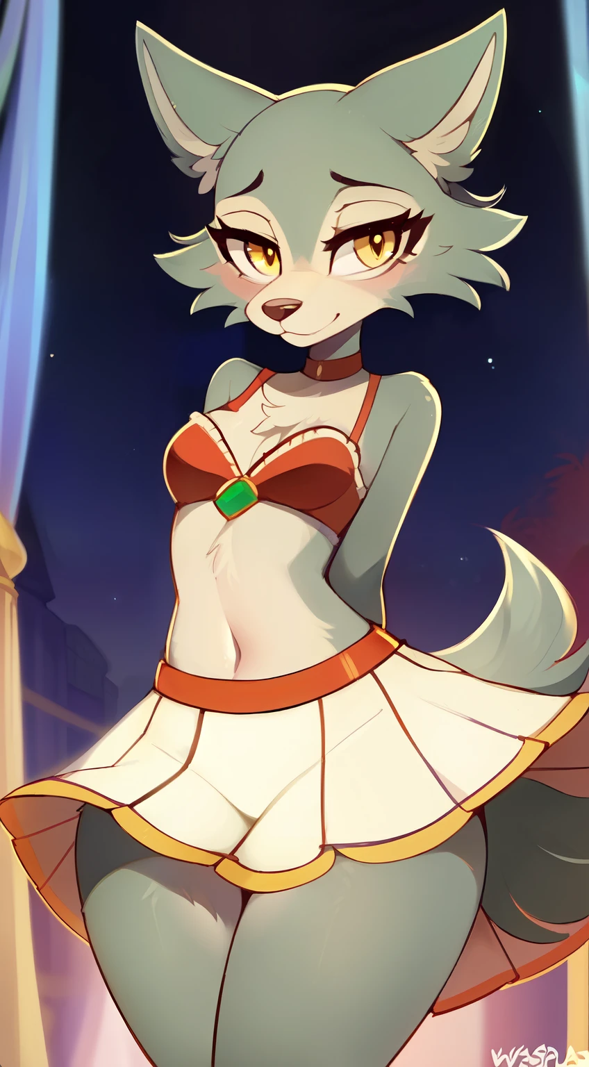 (by waspsalad, by phluks, by zero-sum), Legoshi \(beastars\, Anthro, Female, Solo, standing, Mocking Look, (half-closed eyes), (red samba dancer clothes, dancing samba), (yellow eyes), looking at the viewer, (medium breasts, hips), (wolf), (Brasilian carnival)