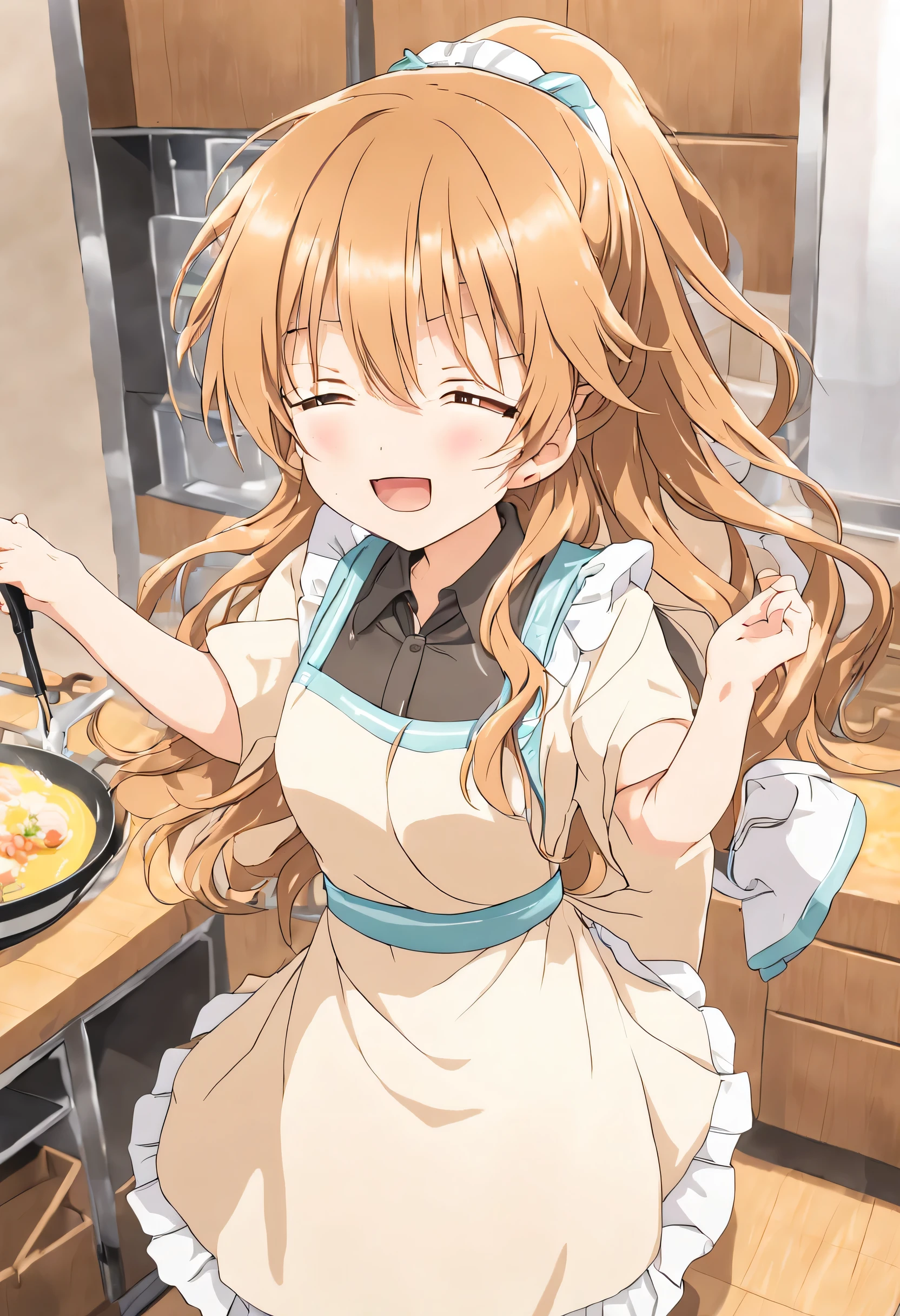 Older Konoe Kanata cooking in the kitchen wearing an apron with a ponytail hair