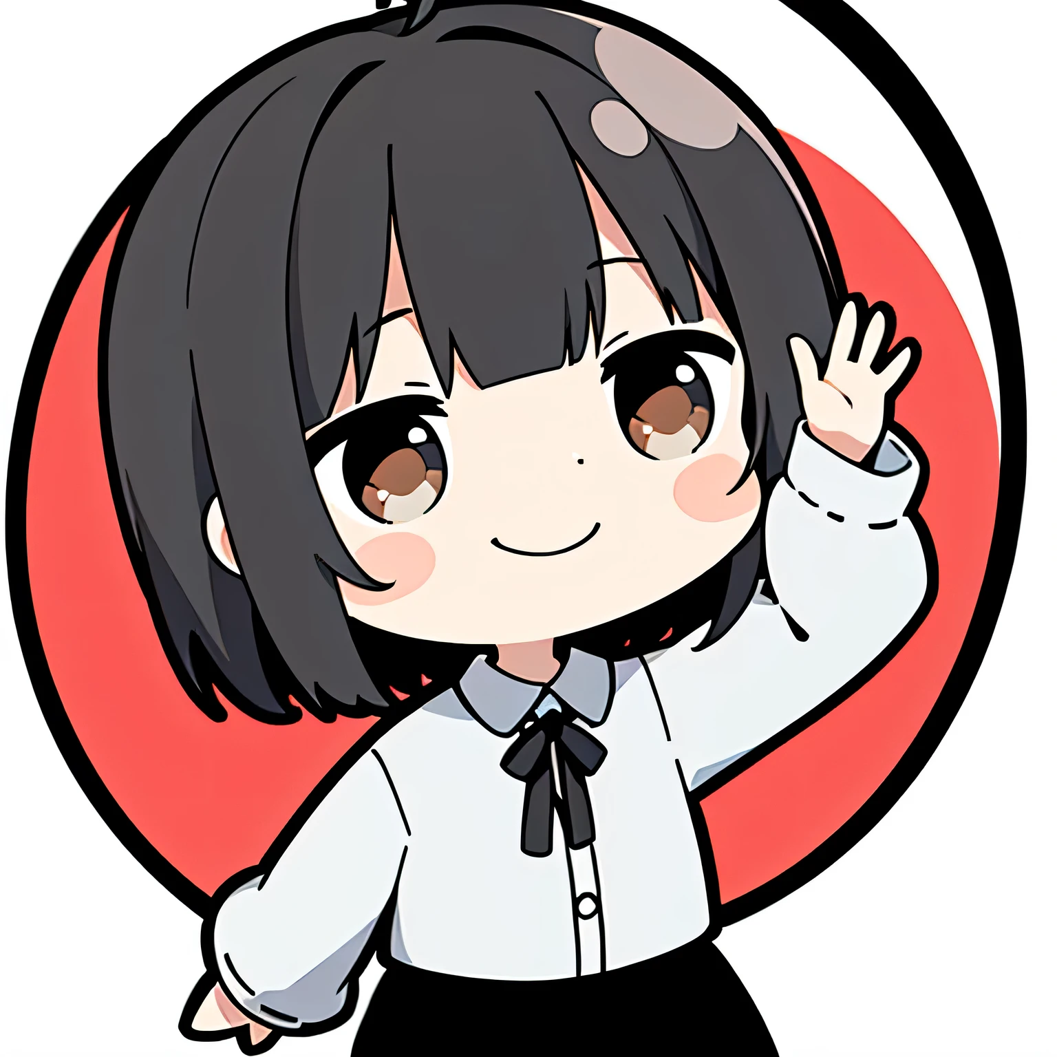 超A high resolution, nffsw, Best aesthetic, Top quality depiction of the foot, with open arms, Chibi character Detective Keira Rexanne Giles, her short black hair in disarray, gray eyes, with an Smile, Waving, white Background, her black pants and white shirt formal wear, Flat Avatar, Anime visuals of cute girls, Cute art style, Chibi, anime stylized, Shorthair, Ahoge, is shy, A smile, hair adornments, simple background, 耳环, jewely, side locks, large oval eyes,