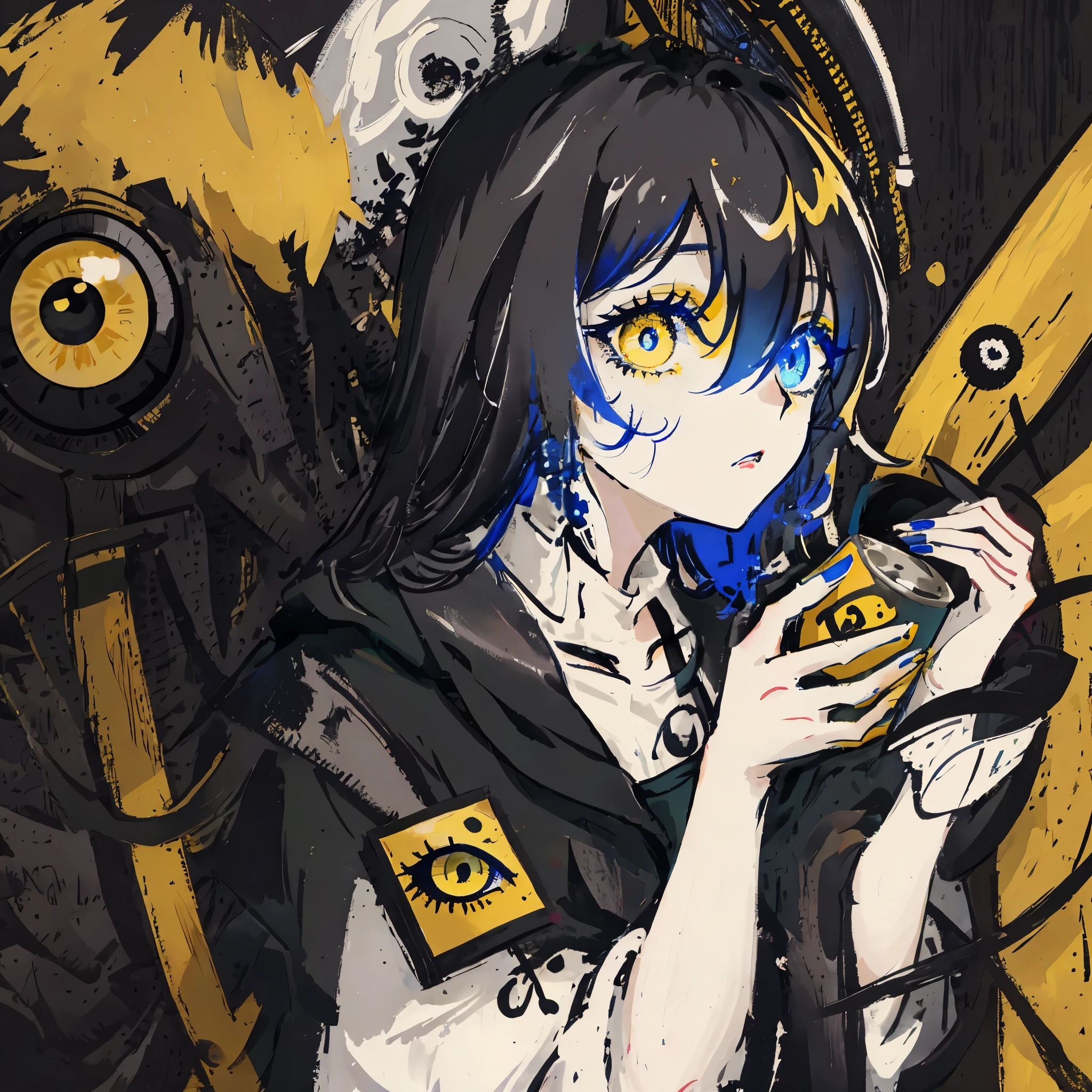 Dark, a cultist, camera focused on profile, close on face, close on a eye, black details, little color, scary eyes, super detailed, hyper realistic eye details, pencil drawn, watercolor drawing, canvas drawing, close on her eye, she is so much scary, yellow eye, blue eye, holding a can, perfect eyes, perfect hands, perfect face, BLUE nails
