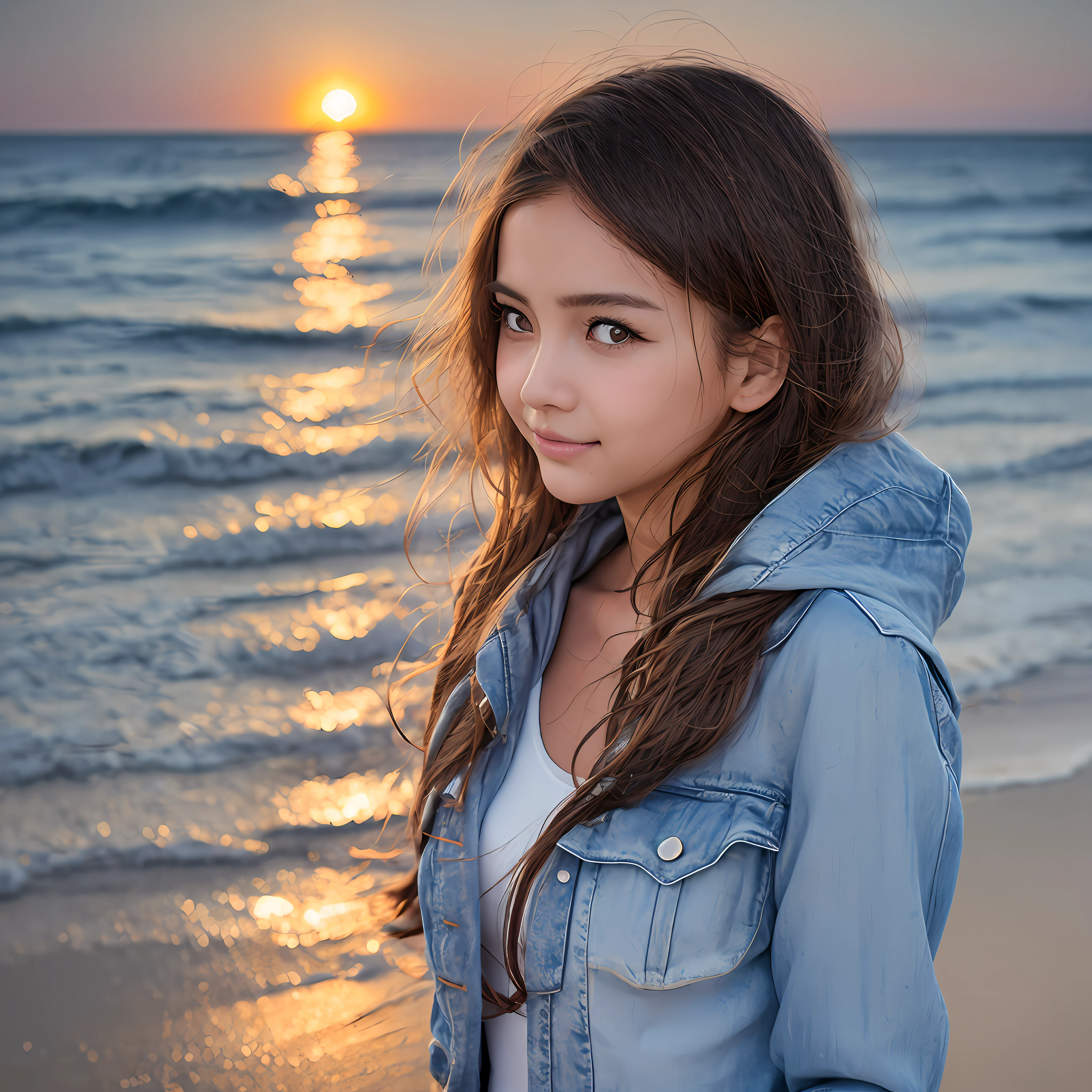 best quality, Realistic, 
1fille, Regard, Haut du corps, Veste, closed mouth, Plage de sable au coucher du soleil