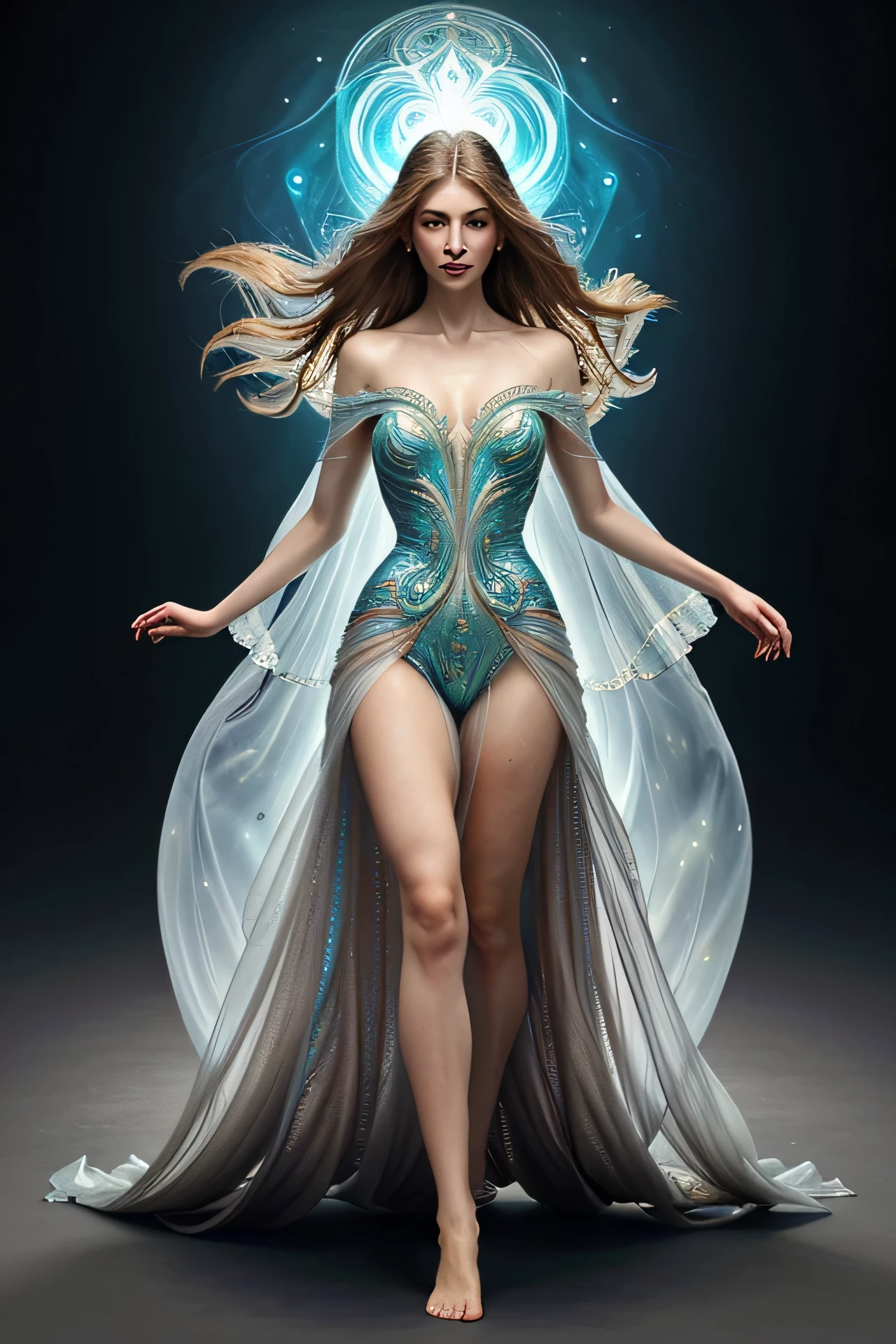super realistic. Show me a tall beautiful woman in extravagant dresses with long hair, walking down the street..
Gracefully flowing creature, his celestial origins are evident in his delicate form and shimmering translucent skin..  The image is a stunning digital painting., showcasing the creature&#39;s subtle features and radiance.  
Its elongated antennae twist and turn., giving the impression of graceful movement, frozen in time.  Intricate details and vibrant colors bring this celestial creature to life., inviting viewers to explore his mysterious existence.
