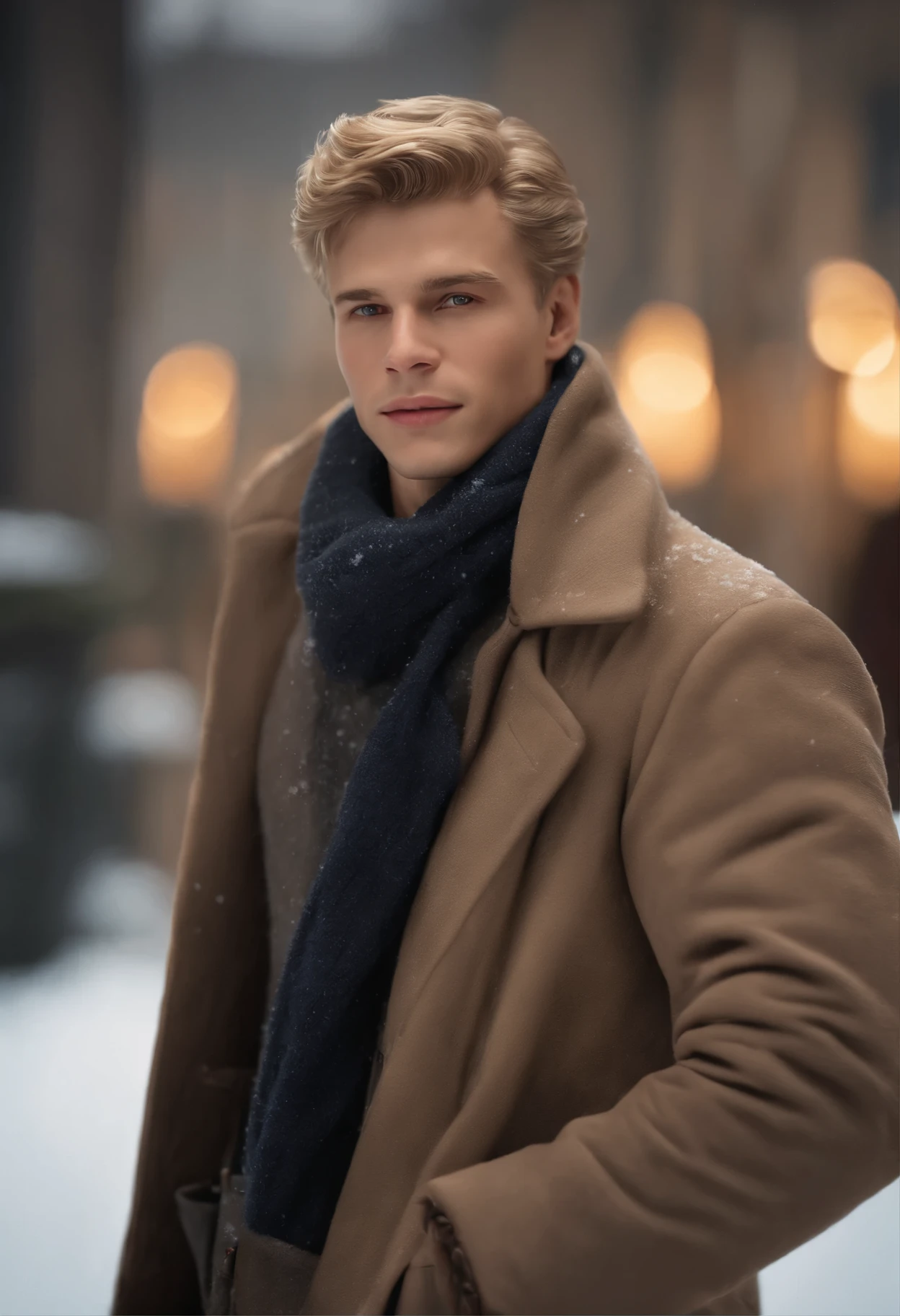 ((High quality)), or ((best quality)), ((masterpiece)), or ((masterpiece)), showing every intricate detail, ((perfect face)), or ((perfect face)), with a lot of light, ((subtle smile)), sits a very short, ((25 years)), young German man with blond and very short hair, . He is dressed in ((winter clothes)), and ((snow boots)). The image is ((extremely realistic)), capturing all its features ((showing its full silhouette)) or ((very detailed)),