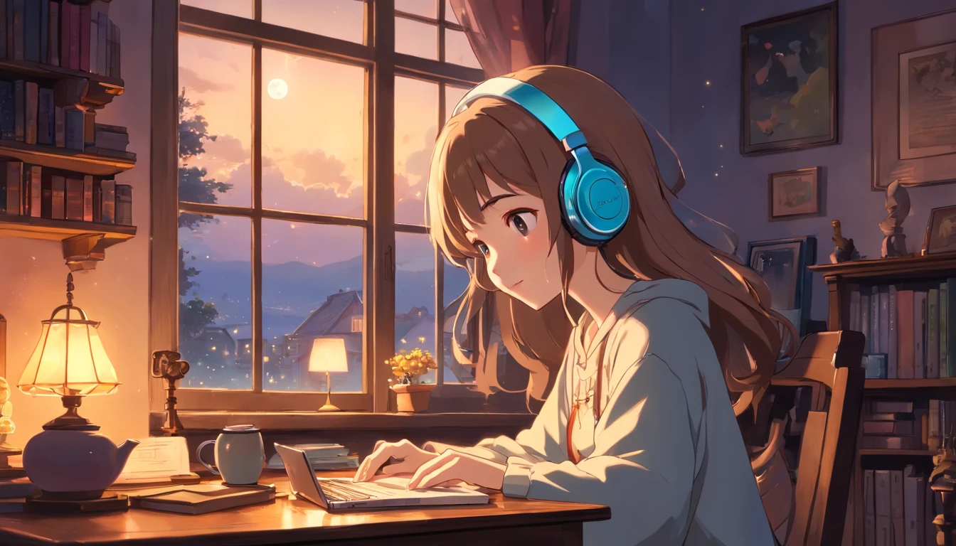 (best quality,4k,8k,highres,masterpiece:1.2),ultra-detailed,(realistic,photorealistic,photo-realistic:1.37),girl listening to music,cozy room at night,headphones,2D anime style,lo-fi,hard disk,dark atmosphere,big window,warm light,candlelight,fairy lights,soft pillows,comfortable armchair,vintage records,jazz music,bookshelf filled with novels and art books,wooden desk with a laptop,creative artwork on the walls,laptop screen emitting a soft glow,gentle breeze rustling the curtains,distant sound of rain against the window,adorable plush toys,cup of hot tea on a small table,faint aroma of vanilla,cuddly blanket draped over the girl's lap,peaceful and serene ambiance,tranquil and introspective expression on the girl's face,spark of joy in her eyes,relaxing and enchanting atmosphere,stillness and calmness,beautiful hand-drawn details,sophisticated and delicate lines,nuances of light and shadow,vibrant colors with a slightly dreamy touch,touches of pastel hues,glimmering stars in the night sky,subtle reflection of the moon on the girl's headphones,magical atmosphere that transports viewers to a different world.