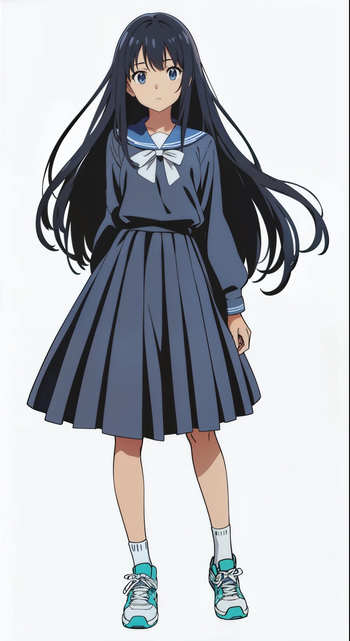 (white background:1.0), (best quality:1.0), (masterpiece:1.0), (super fine illustration:1.0), (beautiful artwork:1.0), (anime screencap:1.0), (official art:1.0), (full body:1.0), (solo:1.0), (a 15yo cute girl:1.0), (long skirt:1.0), (dark blue skirt:1.0), (pleated skirt:1.0), (dark blue sailor uniform:1.0), (long sleeve sailor uniform:1.0), (sneakers:1.0), (white socks:1.0), (ideal ratio body proportions:1.0), (lanky:1.0), (tall:1.0), (slender:1.0), (small breasts:1.0), (smaller face:1.0), (tareme:1.0), (detailed beautiful eyes:1.0), (detailed beautiful face:1.0), (glowing black eyes:1.0), (medium hair:1.0), (black hair:1.0), (standing:1.0), (looking at viewer:1.0)