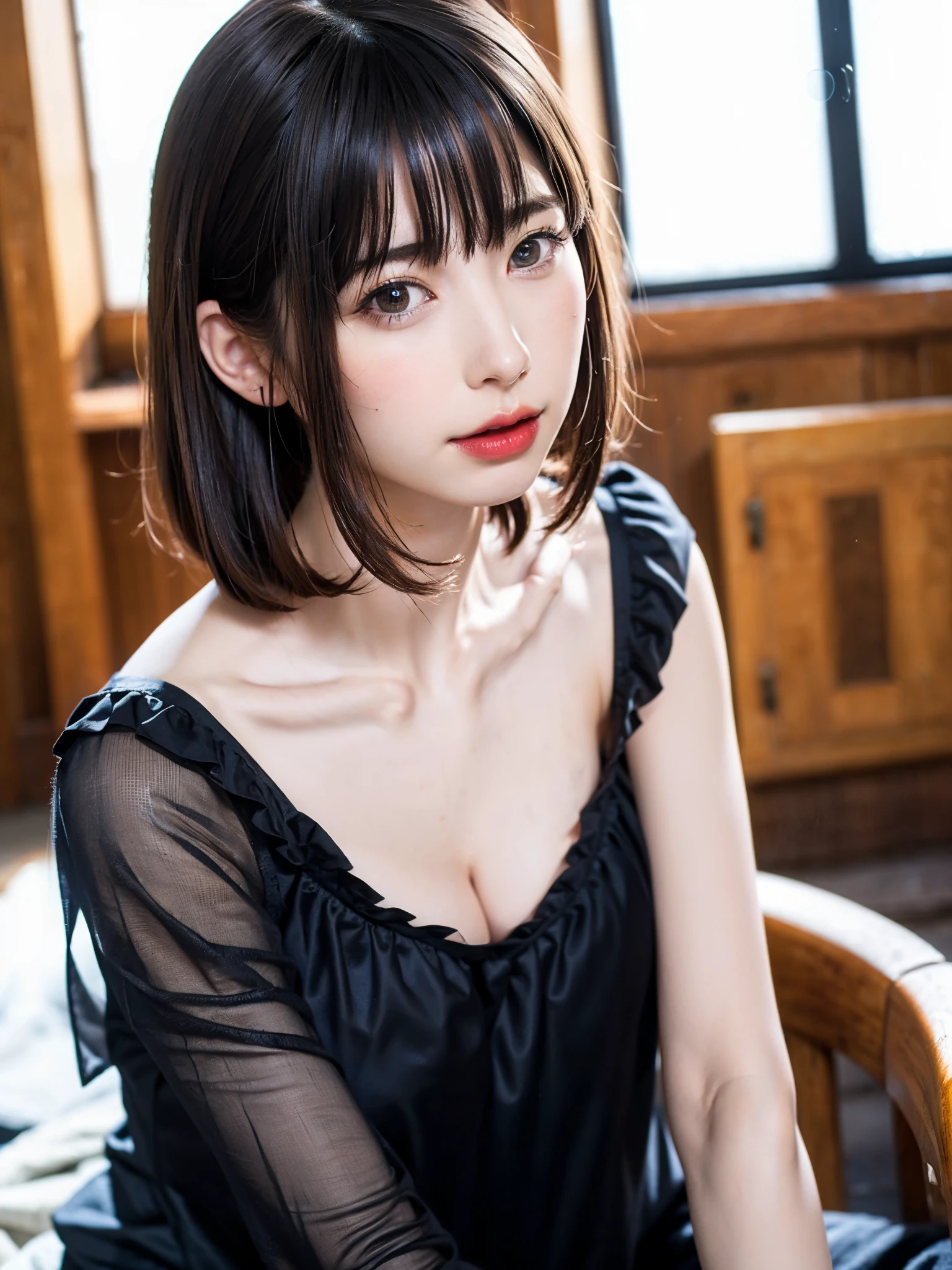 (table top, highest quality、high detail:1.4、very attractive beauty、Adds intense highlights to the eyes、look closely at the camera:1.4、Beautiful woman full of charm、ideal body proportions、perfect anatomy、brunette short bob hair、shiny hair、bangs:2、光沢のあるbangs:2、lip gloss),1 girl, Report, light brown shiny hair, scarf,realistic, looking at the viewer、Please tilt your head slightly, bright colored crystal light blue eyes, short and shiny hair、 chest中央に穴の開いた白いタートルネックの衣装,chestの真ん中に丸い穴のあるセクシーな白いタートルネック ニット セーター、 lips, lip gloss, Upper body、Big eyes、eyelash、face is a little red、embarrassing)、((italian road in winter))、((short hair with Big eyess、Give your students very powerful highlights、{Huge|big|Hugeな|mega} chest:2、very bigger chest:2、look at the audience、very beautiful beauty、show me your ears、long neck、smile a little、beautiful teeth、open your mouth and smile、heart shaped eyes))、28 years old、very cute super model、portrait:2、close your face:2