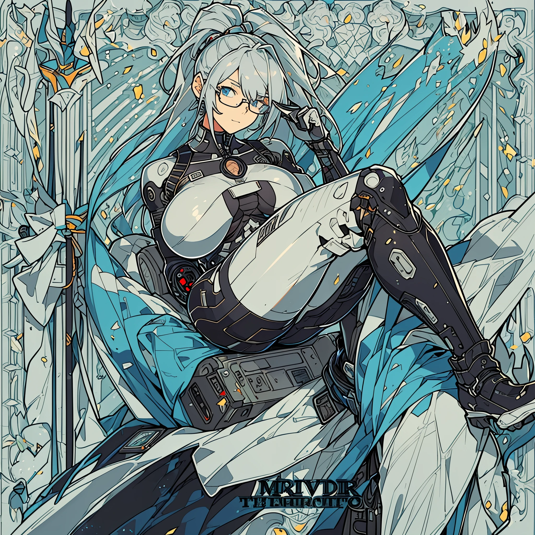 Ultra-detailed,high resolution,Ultra-detailed,Best quality,amazing,quality,intricate details,Extremely detailed CG unified 8k wallpaper,tarot cards,cyberpunk characters,cyborg,(huge breast),silver hair,Black Jumpsuit,blue eyes,red framed glasses,((((1 female)))),26 years old female,Hair tied into a ponytail