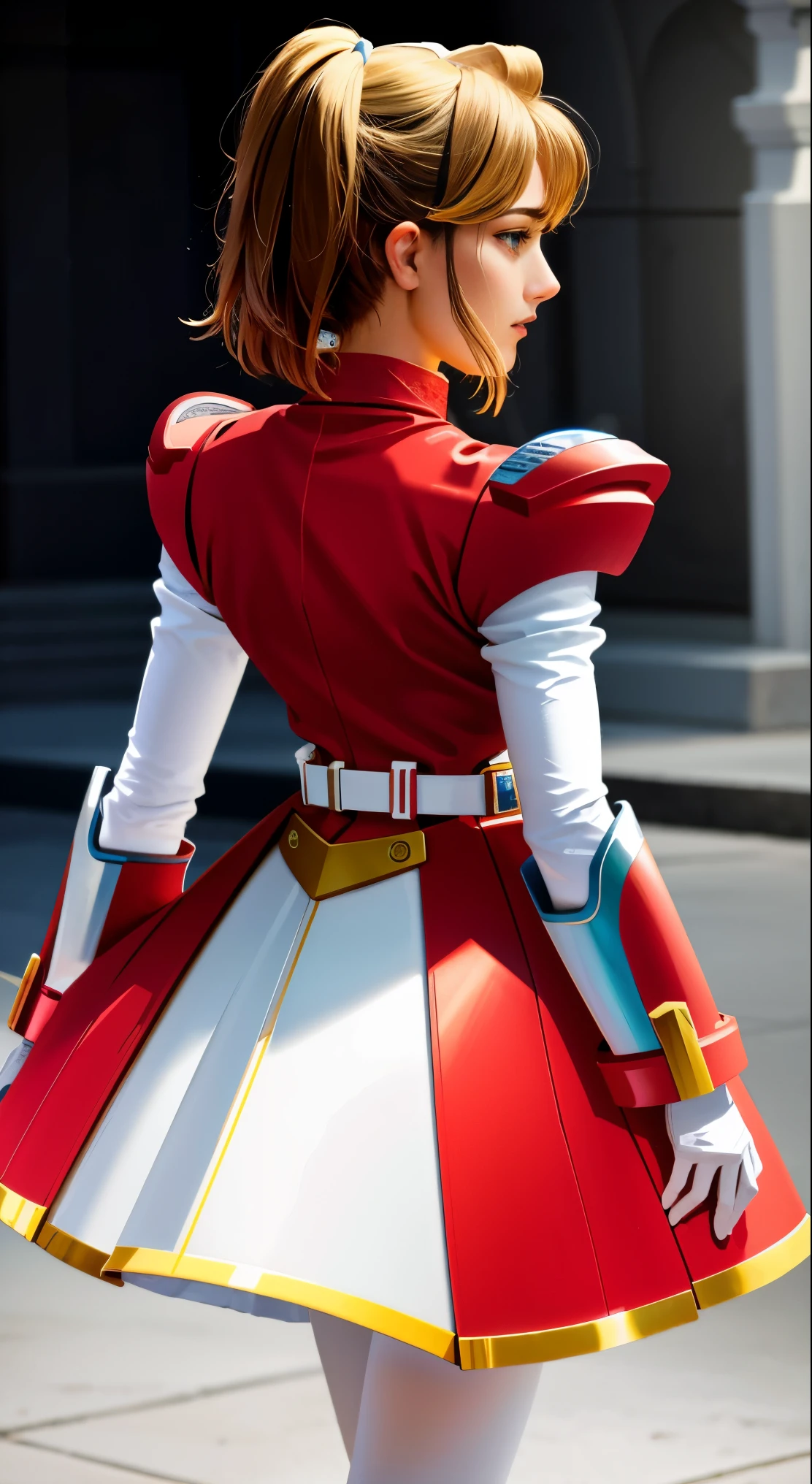 Adora wearing Iris's outfit from Megaman X, themed after She-Ra's design of white armor with golden accents. The armor should be predominantly white with a red color trim scheme and have intricate golden details. Adora should be wearing a white armored skirt and white gloves. The exterior of the skirt and gloves should be white while the interior should be gold. The overall image quality should be the best, with 4K or 8K resolution and high details. The image should have a realistic or photorealistic style, capturing the essence of the characters and their armor. The color tone should be vibrant and vivid, emphasizing the white, red, and golden colors. The lighting should enhance the details of the armor and highlight the intricacies of its design.