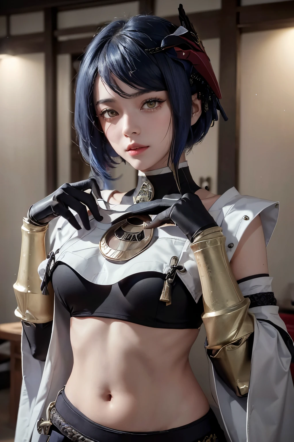 1girl, ((midriff, navel)), looking at viewer, japanese dojo, (cinematic lighting, best quality, masterpiece, hand on hips, high skin details, best quality, highres, HD, 4K, 8k, super detail), (kujou sara:1.3), mask on head, blue hair, short hair, yellow eyes, tassel, gloves