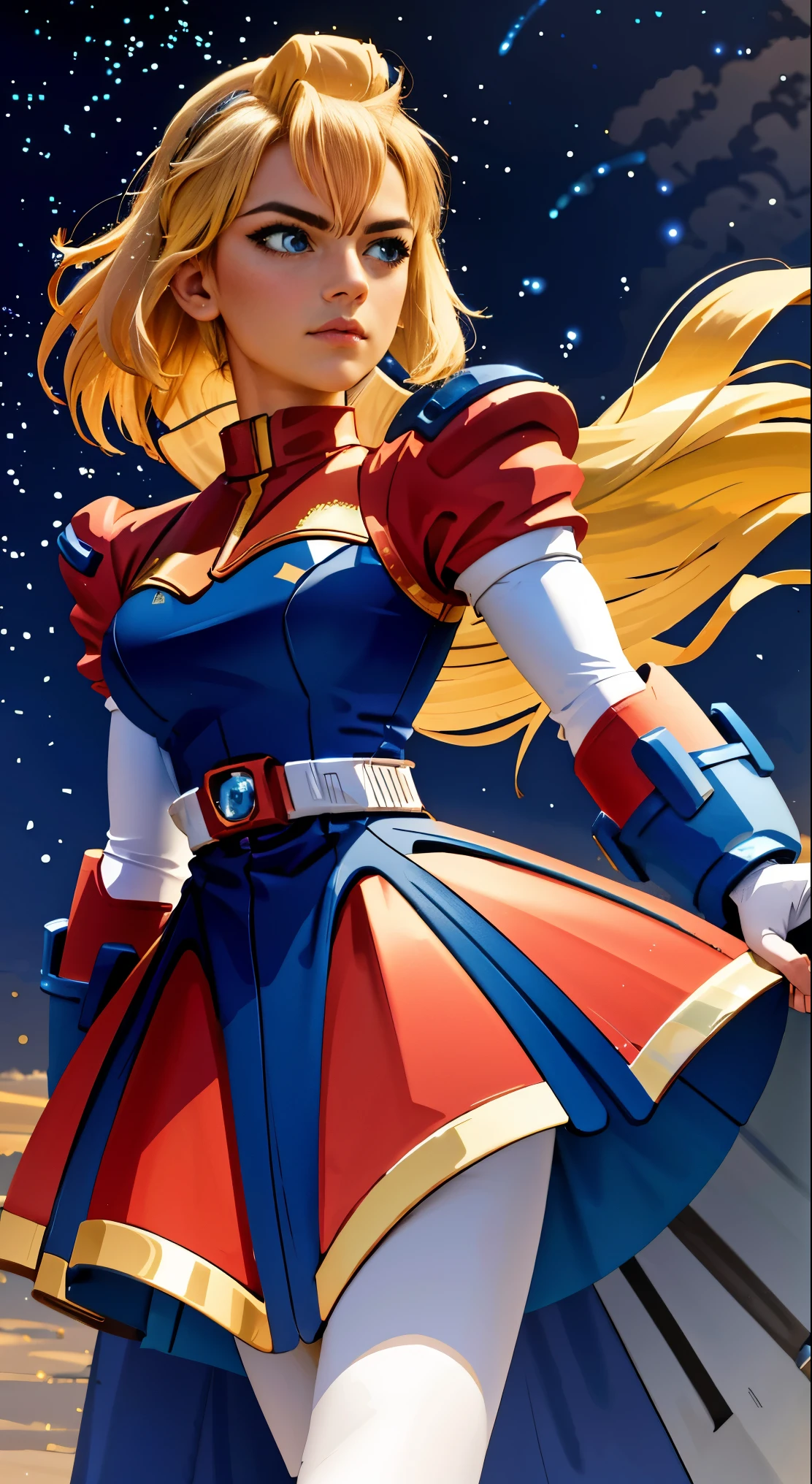 Adora wearing (Megaman X) Iris's outfit, themed after She-Ra's design, thick white armor accompanied by golden accents and a white armored skirt, (best quality,4k,8k,highres,masterpiece:1.2),ultra-detailed,(realistic,photorealistic,photo-realistic:1.37), anime, portraits, vibrant colors, bright lighting, Iris's blue eyes, long blonde hair flowing behind her, confident expression, standing in a dynamic pose, holding a magical sword, surrounded by a celestial background, with stars and galaxies illuminating the scene, a sense of power and determination emanating from Adora, creating a heroic and majestic ambiance.