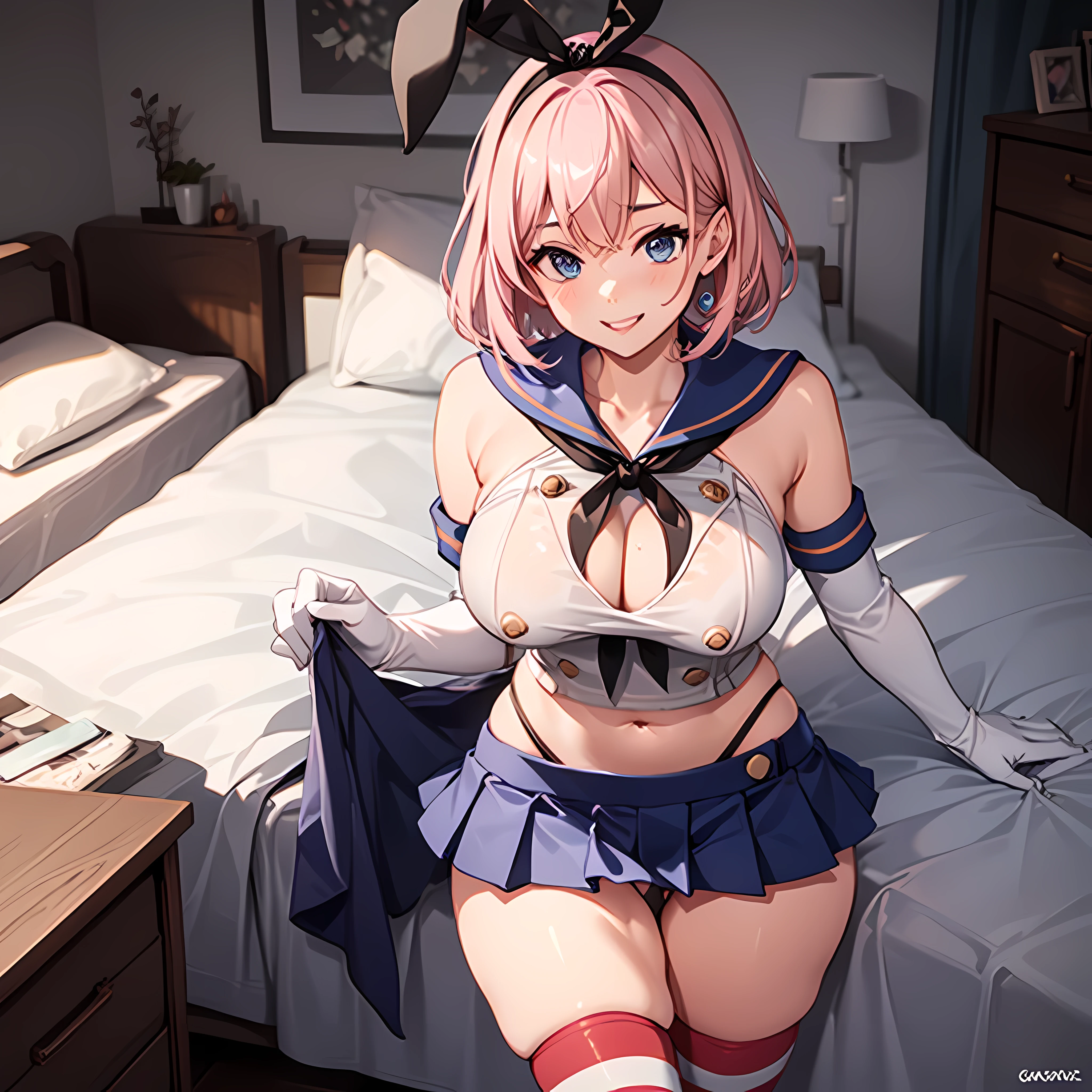 shimacos, crop top, thighhighs, elbow gloves, microskirt, highleg panties, cameltoe, ultra detailed, masterpiece, best quality, aesthetic, detailed, smile, 1girl, very light pink hair, short hair, skindentation, best quality, perfect face, soft pink lips, airy, light, blue eyes, large breasts, cleavage, thick thighs