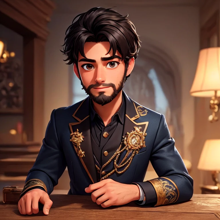 (masterpiece, best quality, ultra detailed), (high detail, hyper detailed), 15 year old handsome boy, happy, black hair, ((short beard)), dark brown black eyes, dark blue Disney prince suit, detailed face, clear focus, empty in his heart, sad, lonely, on a castle balcony looking at the sky, (clutter - house: 0.8), (masterpiece: 1.2) (Realistic: 1.2) (Bokeh) (Best quality ) (Detailed look: 1.3) (Intricate details) (8K) (Eye detail) (Sharp focus), ( (full body)), ((pixar style)), simple