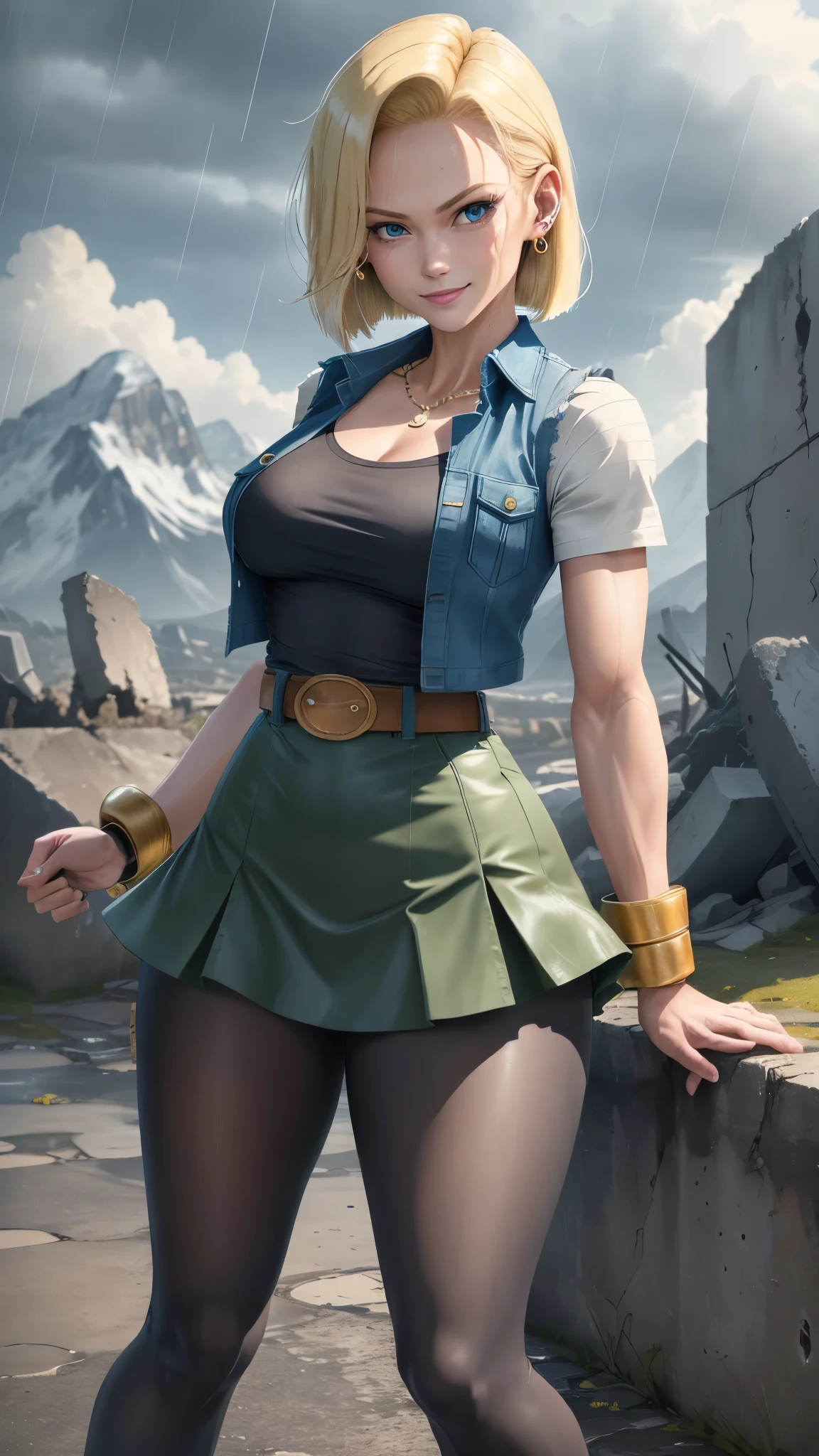 best quality, highres, and18, 1girl, android 18, solo, blonde hair, blue eyes, belt, tight blue demin skirt, gold_necklace, bracelet, closed fists, black shirt, short hair, long white striped sleeves, earrings, open vest, denim vest, medium breasts, cowboy shot, mountains, straight-on, (weather: raining and windy), wet clothes, sexy smile, combat stance, full length pantyhose, battle ruins, wide hips, thick legs,