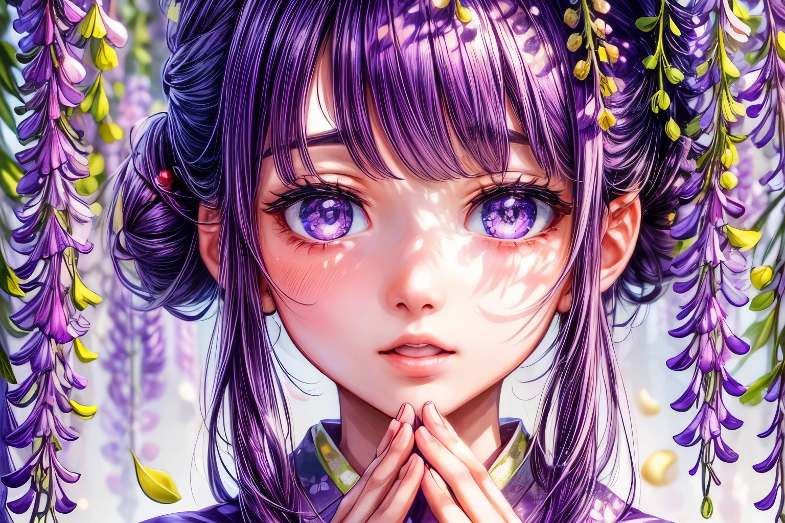 ((worst quality, low quality)), ((girl)), solo, (Close-up:1.3), (face focus:1.4), ((half updo, black hair)), clear eyes and plump, plump lips, Beautiful purple eyes):1.2), spoken word heart, hands offering prayers, (perfect hands:1.3), (traditional Japanese clothing:1.2), (She is wearing a kimono with a wisteria pattern., Delicate and detailed embroidery:1.3), embarrassing, Standing ceremony, Looking at Viewer, head tilt, (Hanabubuki, Falling wisteria petals:1.5), (light particles, shine of light:1.4), (( wisteria large shelf background)), high angle shot, muste piece, best quality, Super detailed,