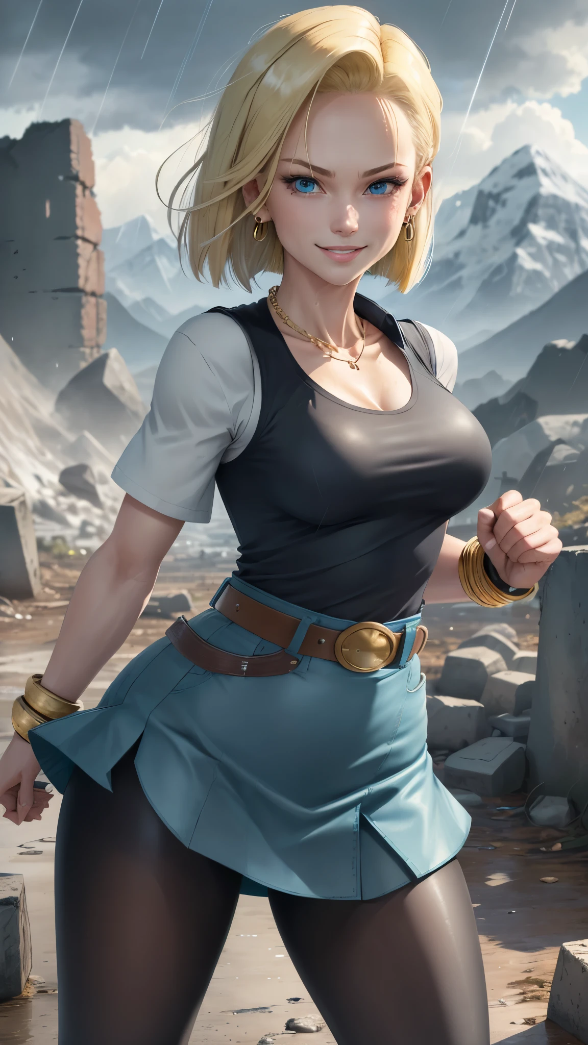 best quality, highres, and18, 1girl, android 18, solo, blonde hair, blue eyes, belt, tight blue demin skirt, gold_necklace, bracelet, closed fists, black shirt, short hair, long white striped sleeves, earrings, open vest, denim vest, medium breasts, cowboy shot, mountains, straight-on, (weather: raining and windy), wet clothes, sexy smile, combat stance, full length pantyhose, battle ruins, wide hips, thick legs,